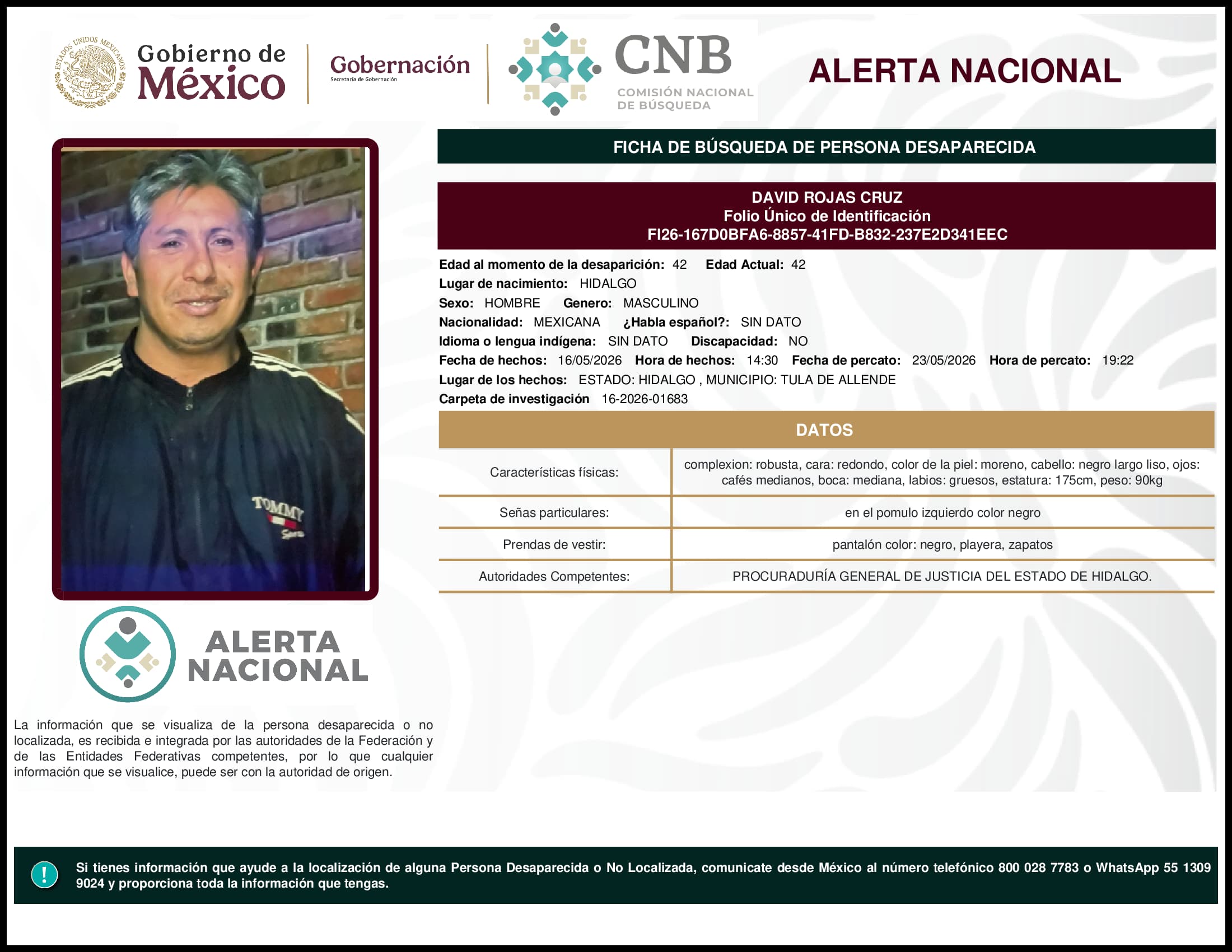 Persona desaparecida David Rojas Cruz