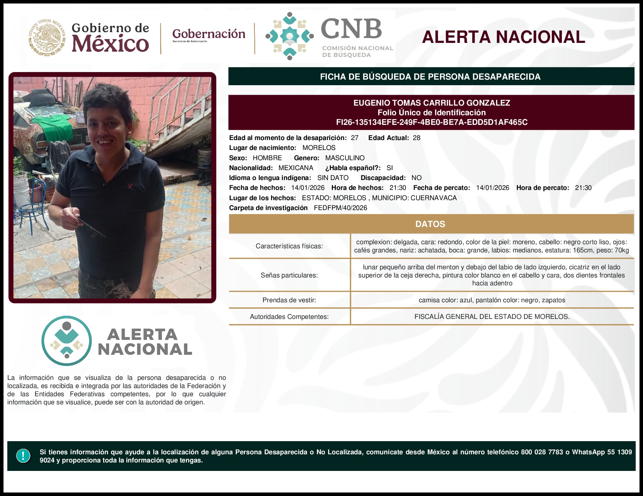 Persona desaparecida Eugenio Tomas Carrillo Gonzalez