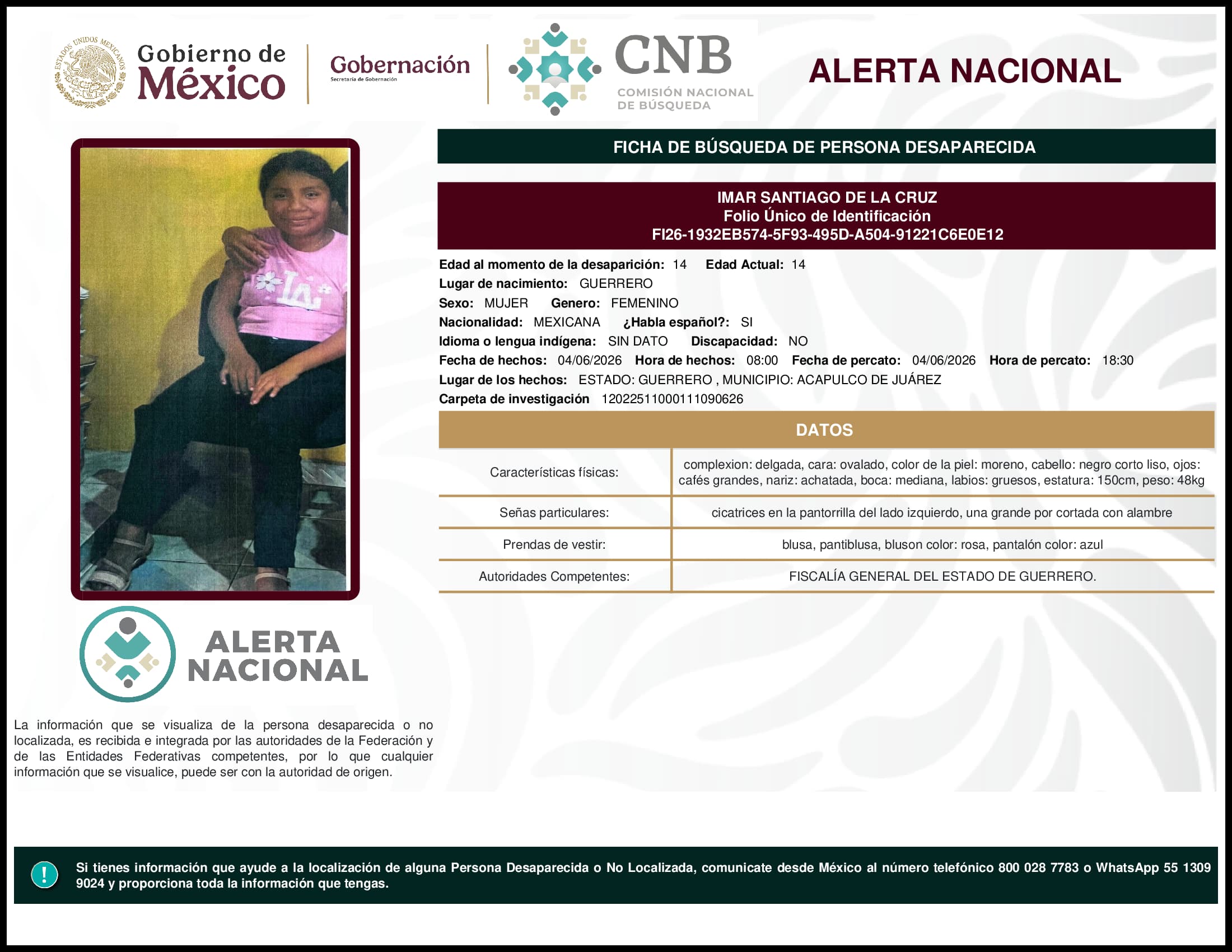 Persona desaparecida Imar Santiago De La Cruz