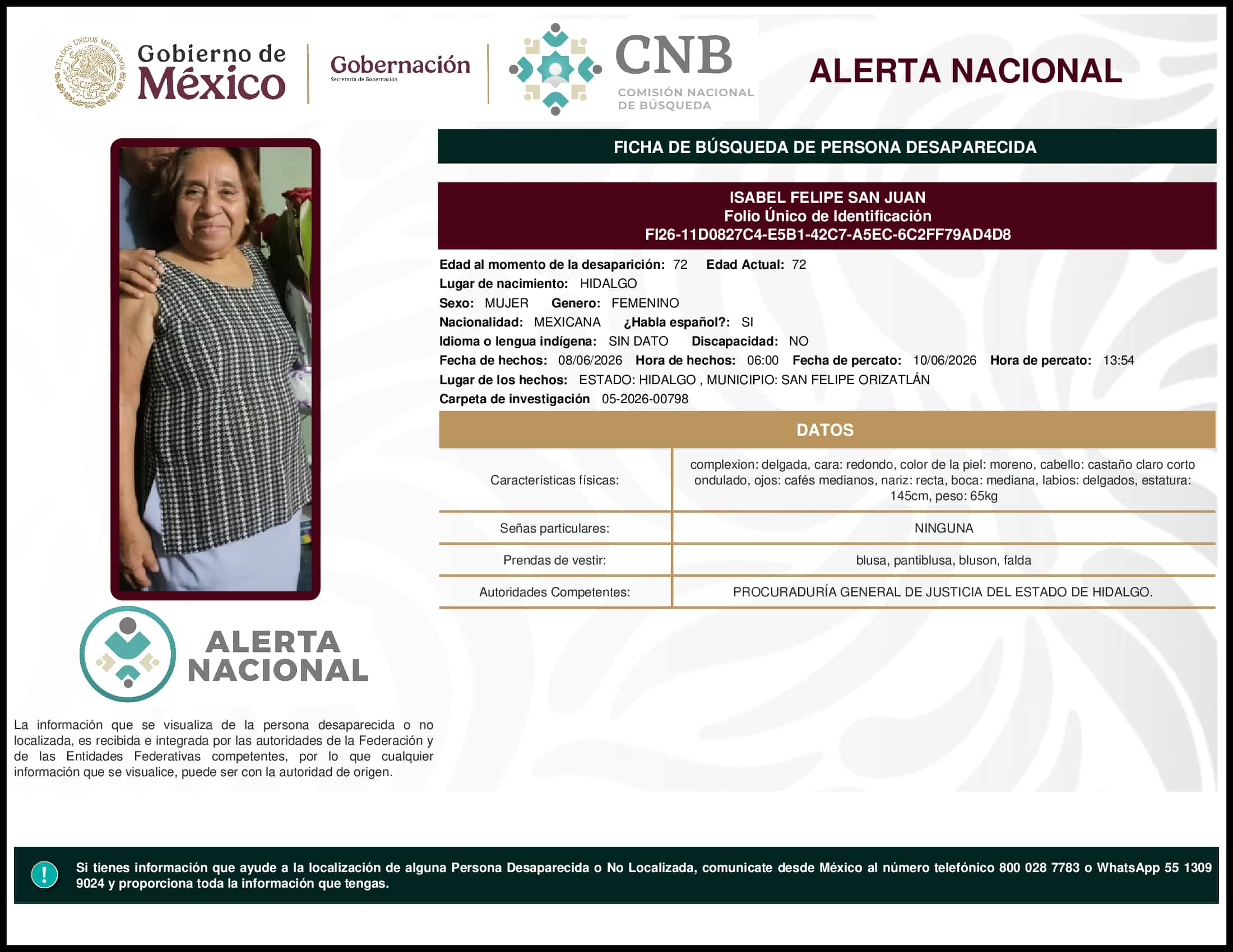 Persona desaparecida Isabel Felipe San Juan
