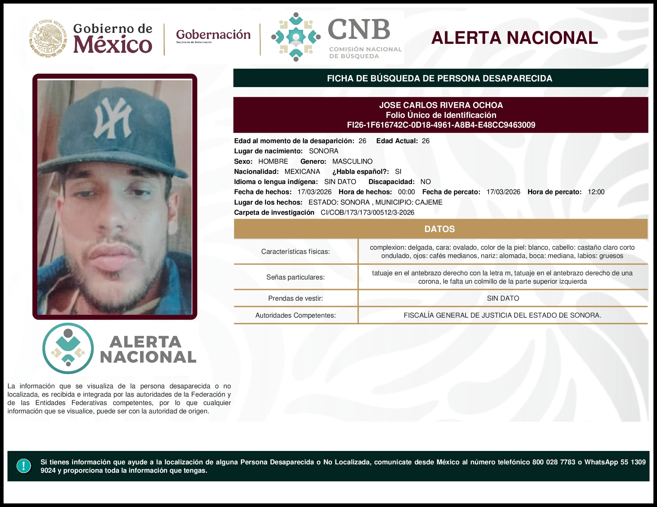 Persona desaparecida Jose Carlos Rivera Ochoa