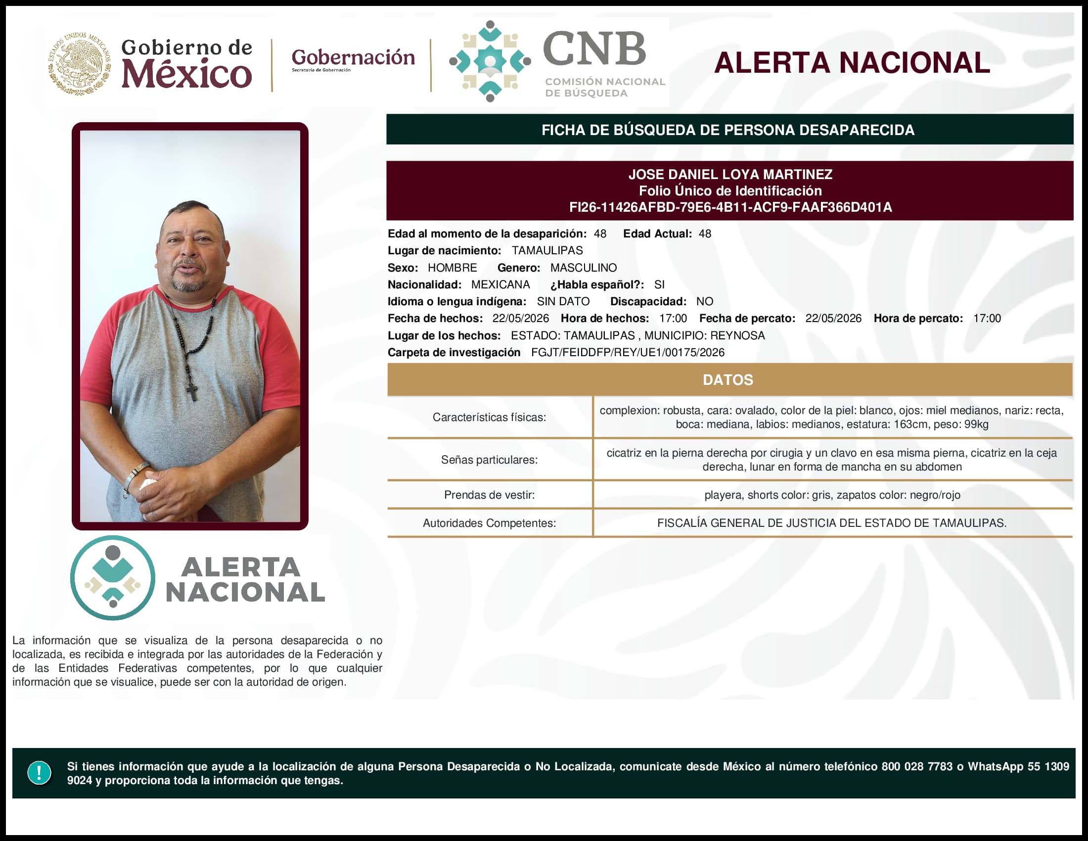 Persona desaparecida Jose Daniel Loya Martinez
