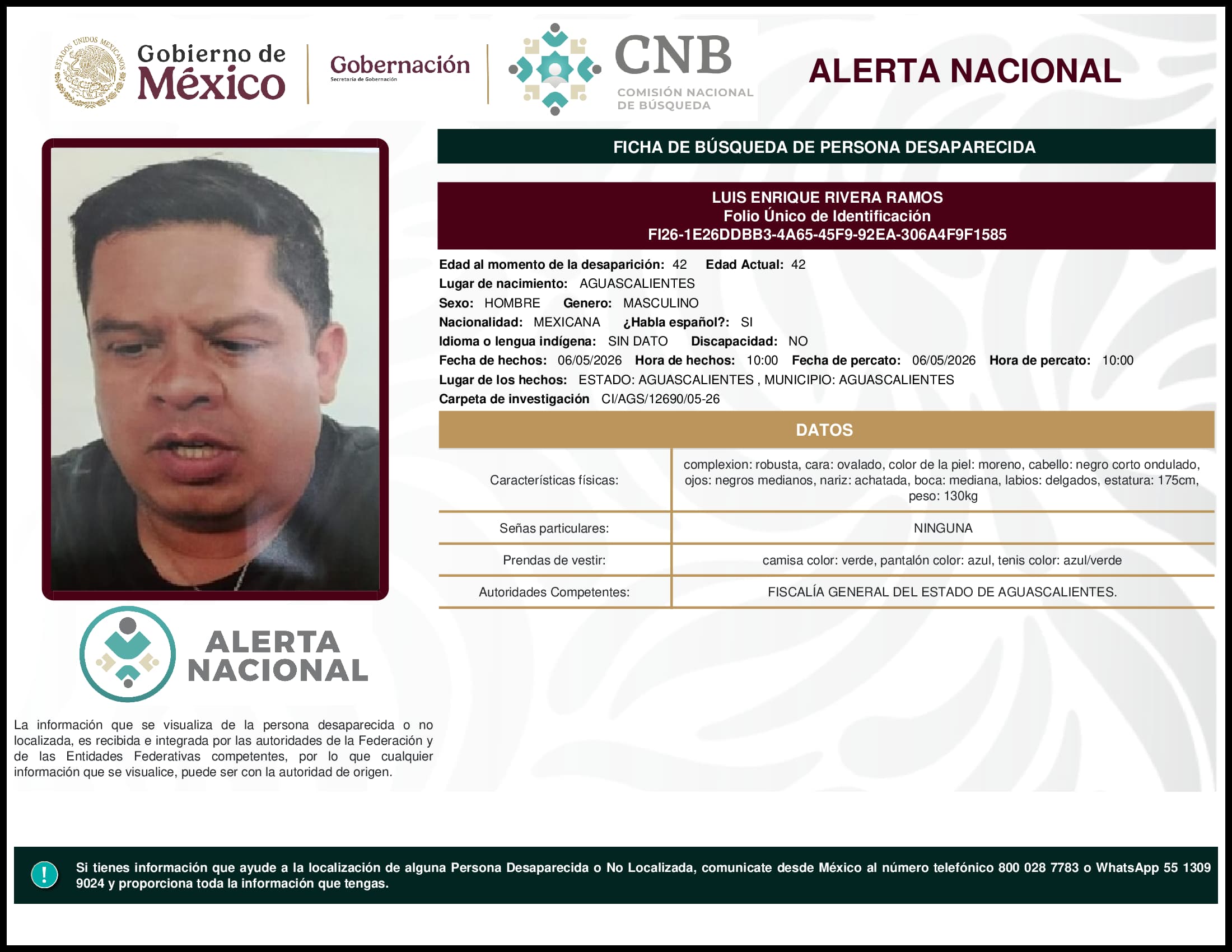 Persona desaparecida Luis Enrique Rivera Ramos