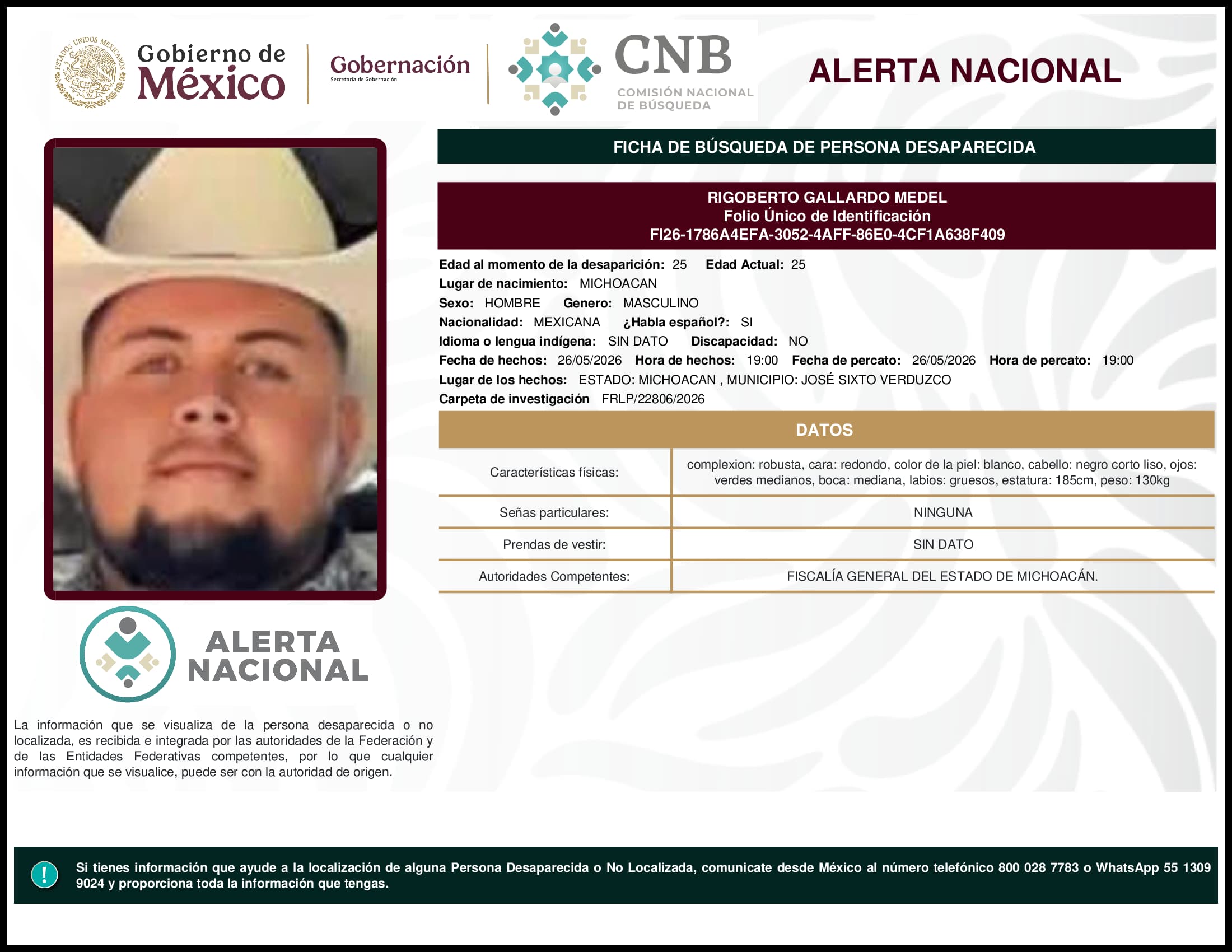 Persona desaparecida Rigoberto Gallardo Medel