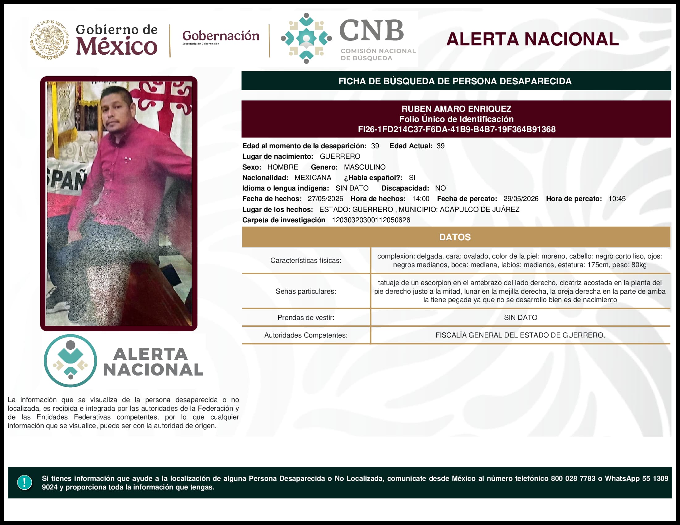 Persona desaparecida Ruben Amaro Enriquez