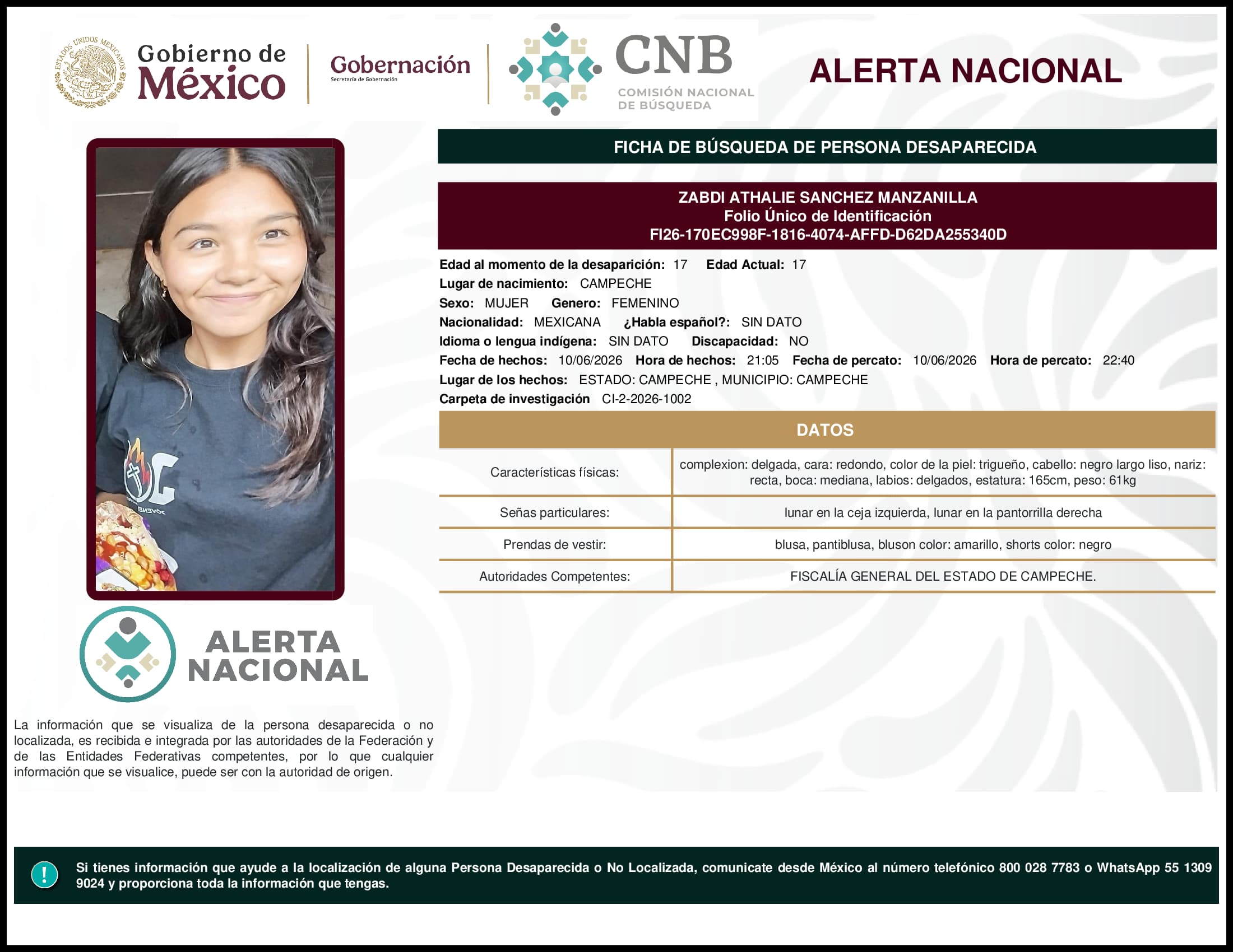 Persona desaparecida Zabdi Athalie Sanchez Manzanilla