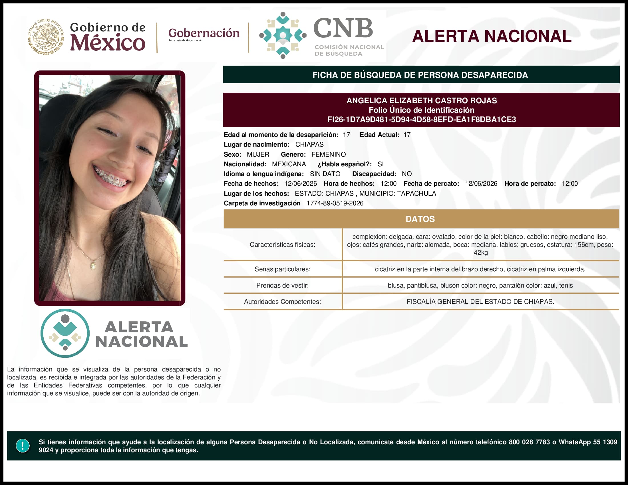 Persona desaparecida Angelica Elizabeth Castro Rojas