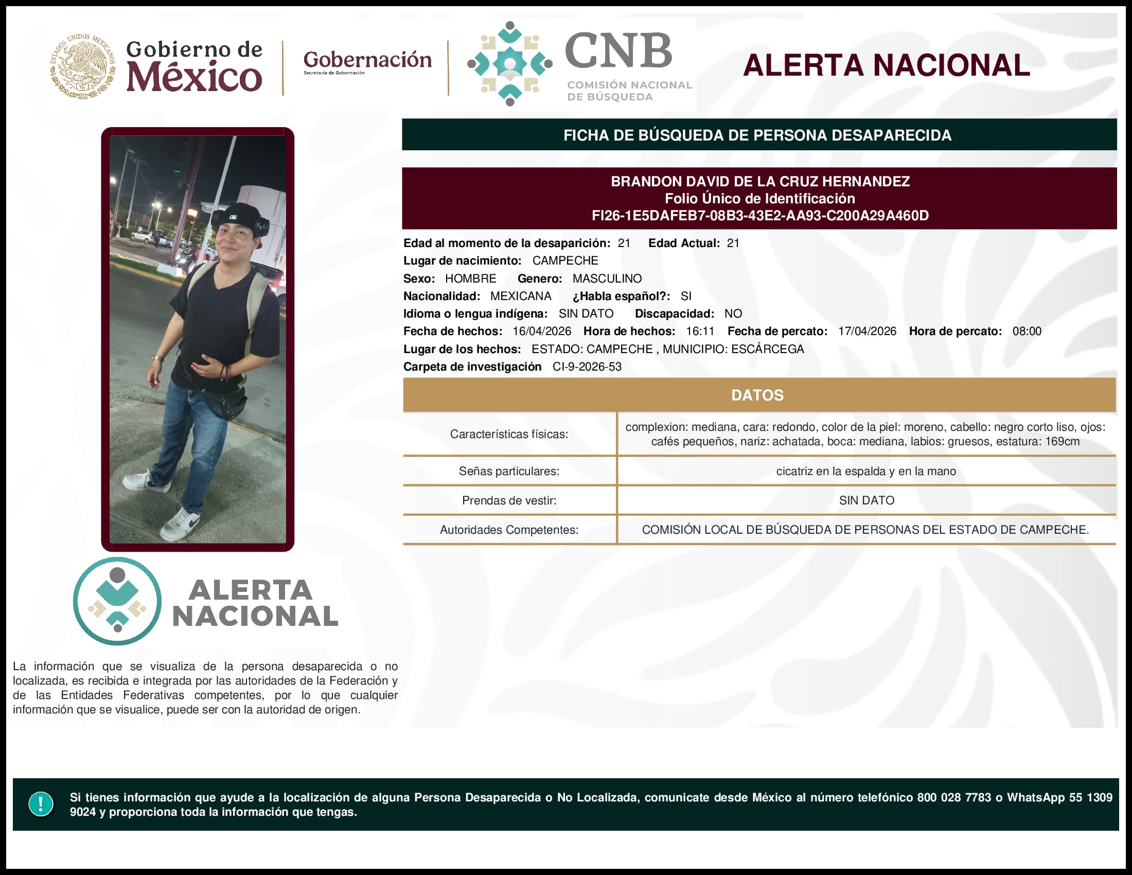 Persona desaparecida Brandon David De La Cruz Hernandez
