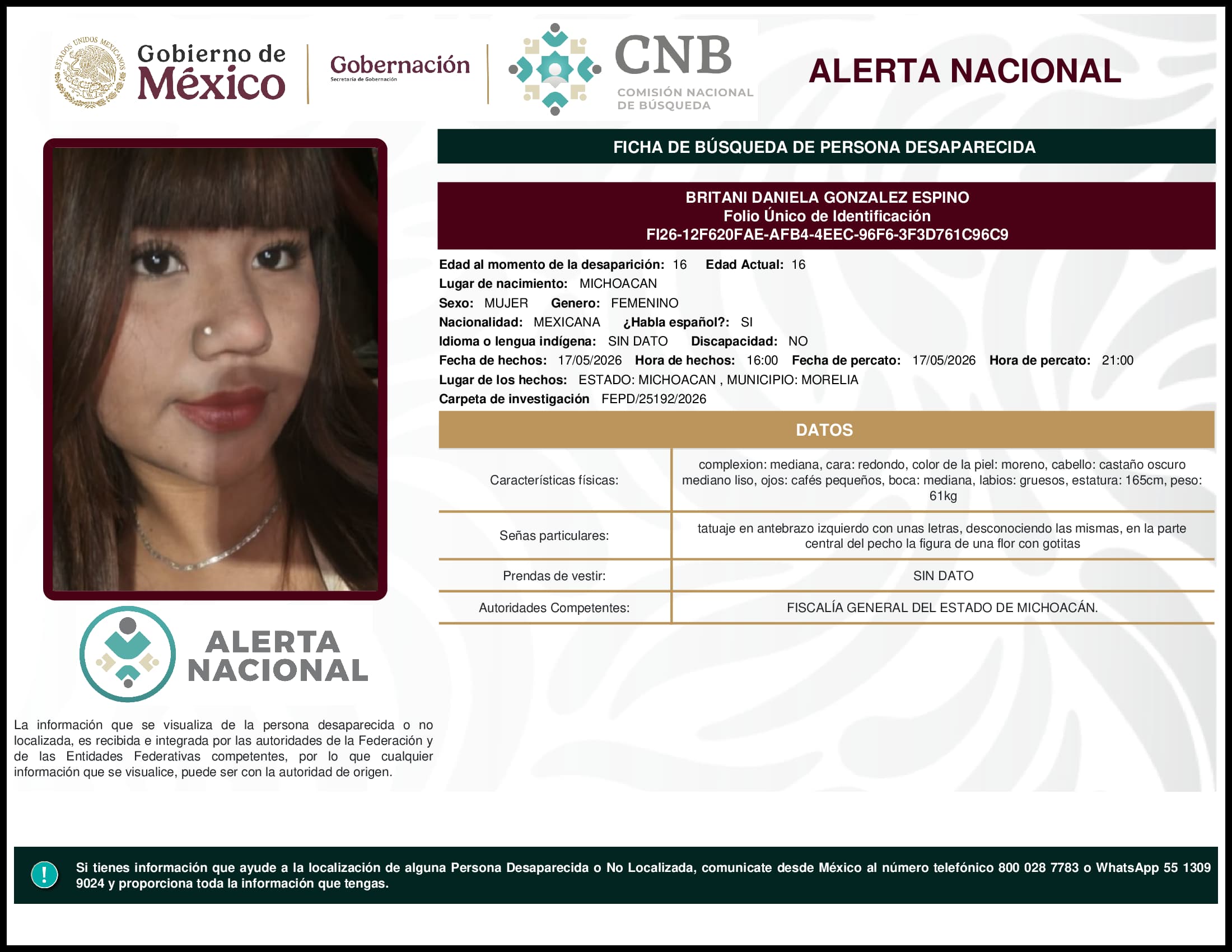 Persona desaparecida Britani Daniela Gonzalez Espino