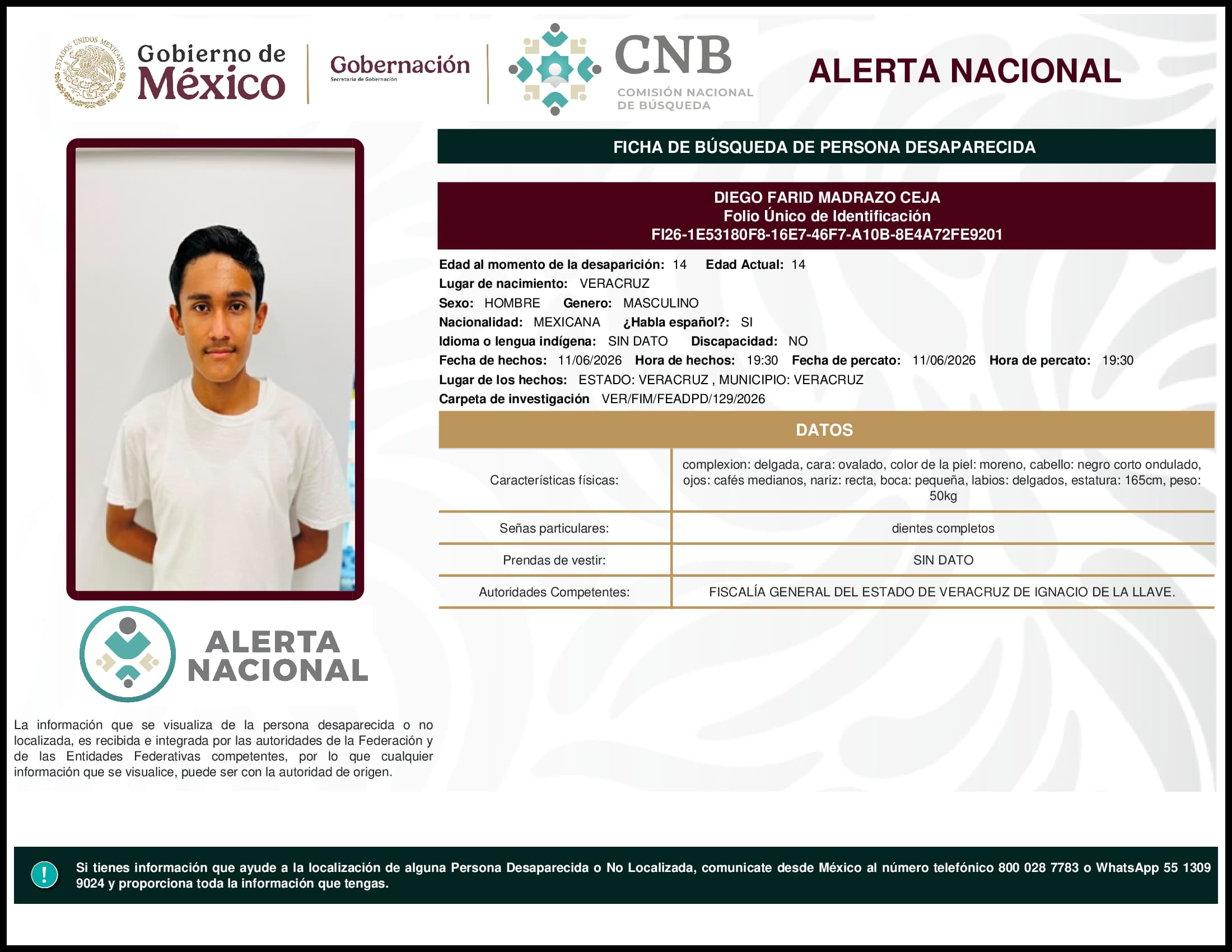 Persona desaparecida Diego Farid Madrazo Ceja