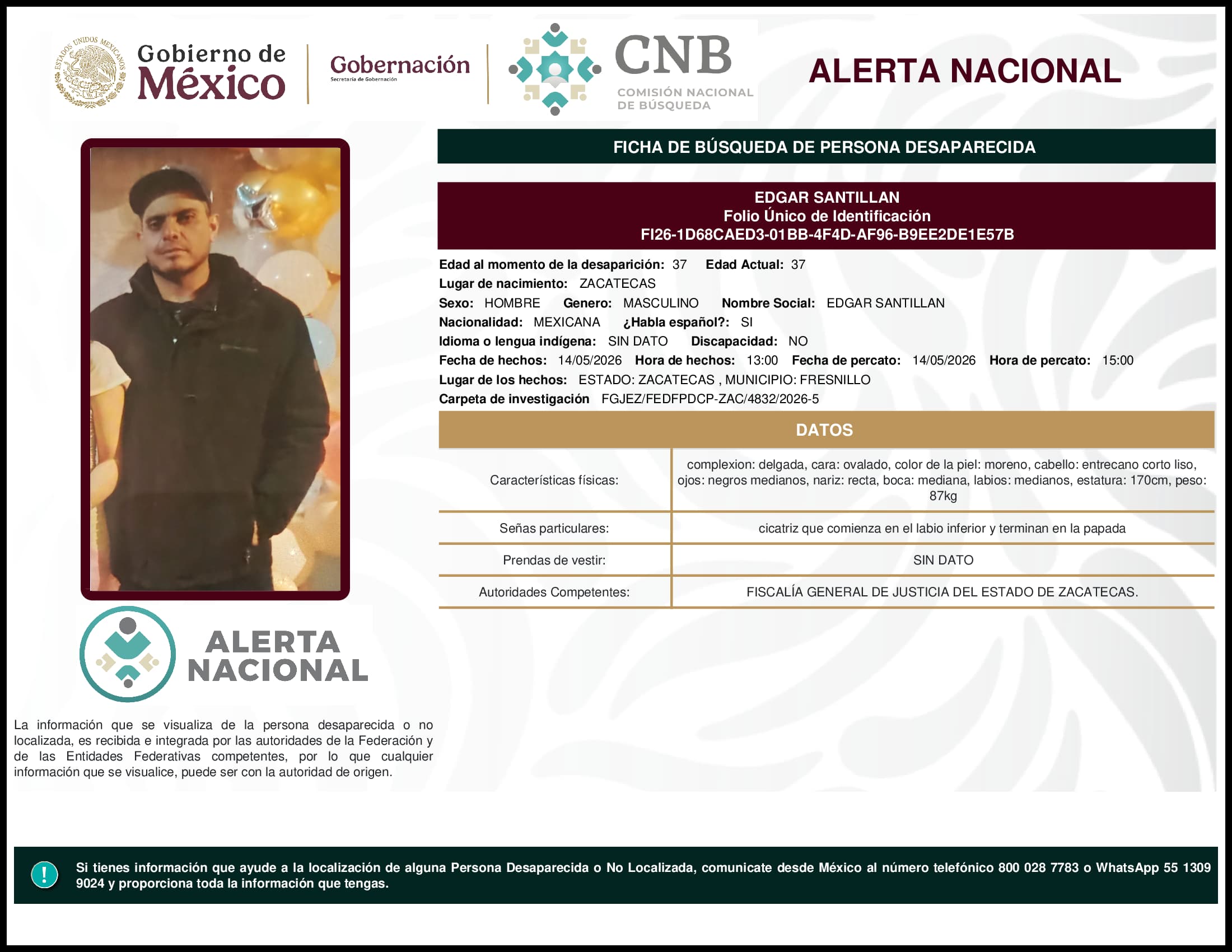 Persona desaparecida Edgar Santillan