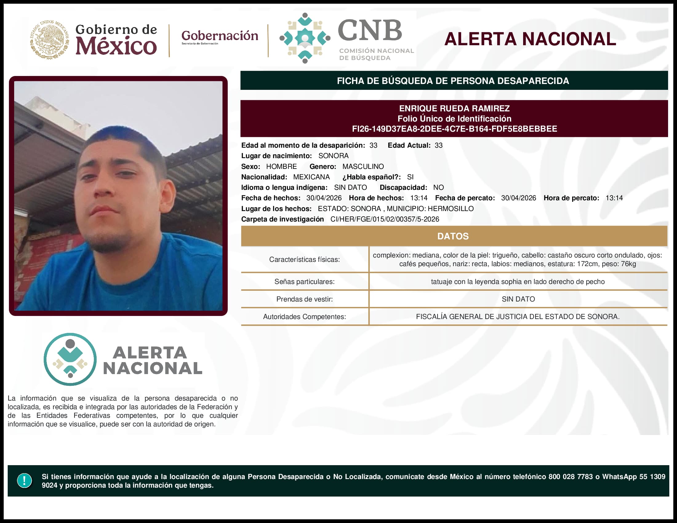 Persona desaparecida Enrique Rueda Ramirez