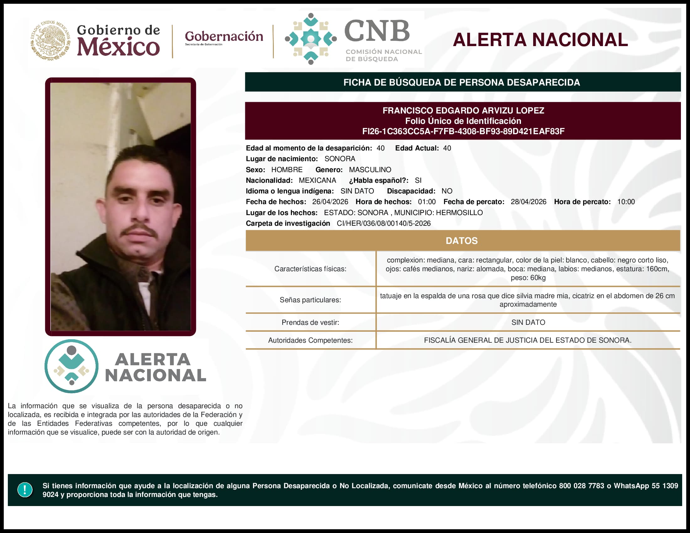 Persona desaparecida Francisco Edgardo Arvizu Lopez