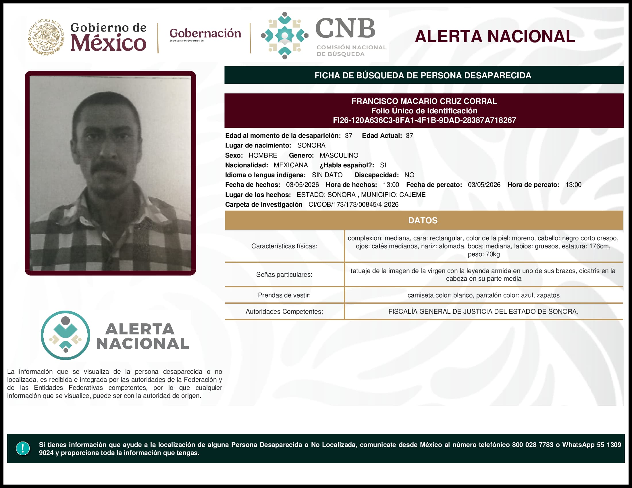 Persona desaparecida Francisco Macario Cruz Corral