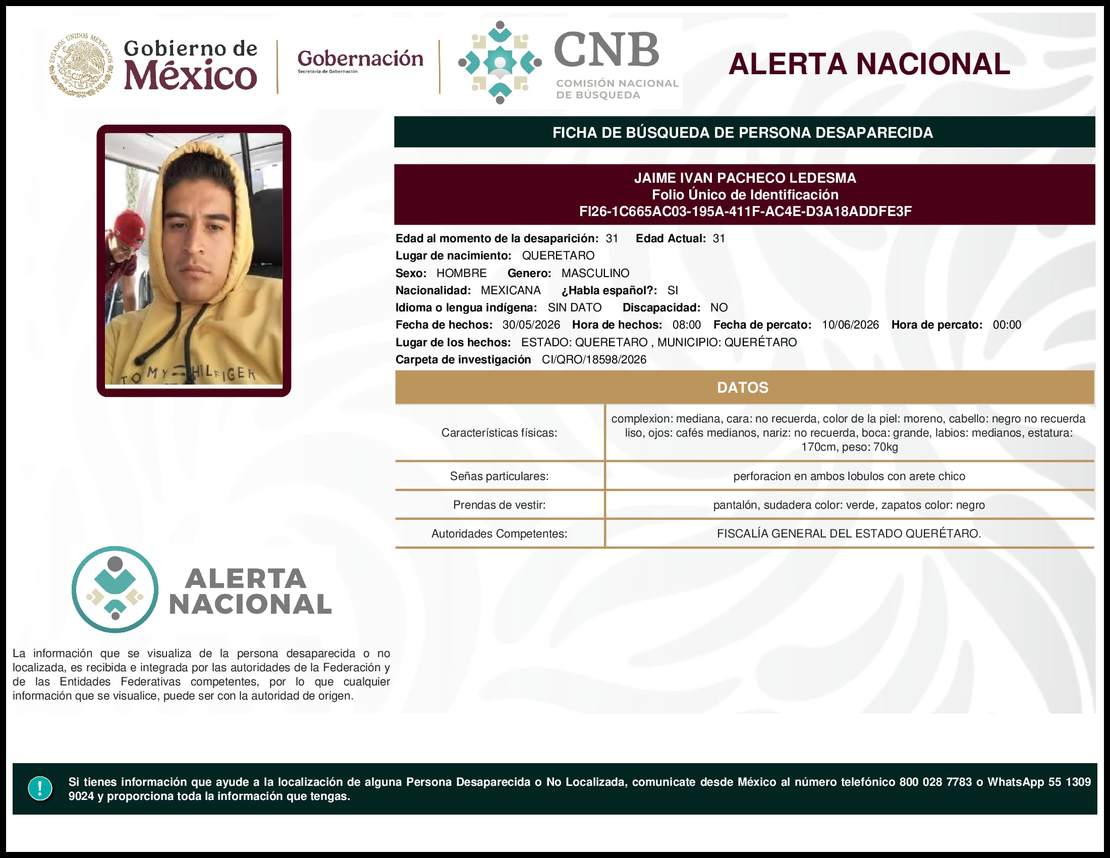Persona desaparecida Jaime Ivan Pacheco Ledesma