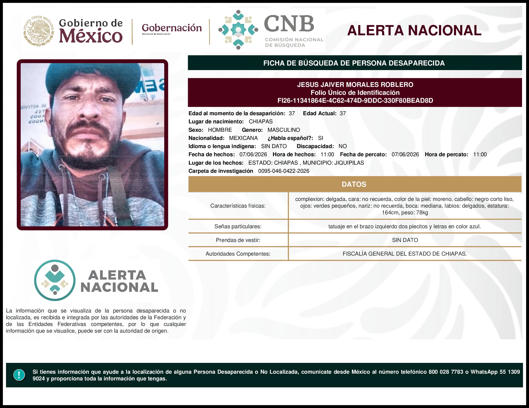 Persona desaparecida Jesus Jaiver Morales Roblero