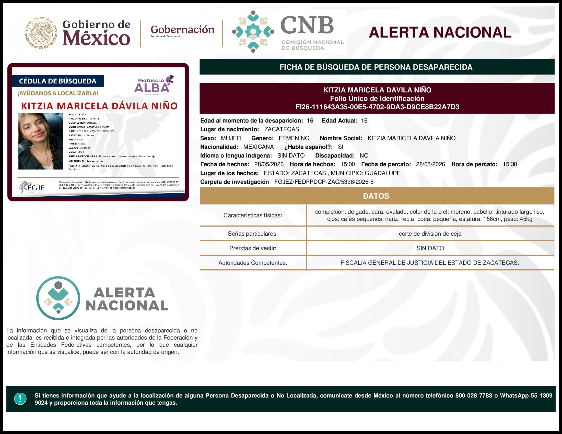 Persona desaparecida Kitzia Maricela Davila Nino