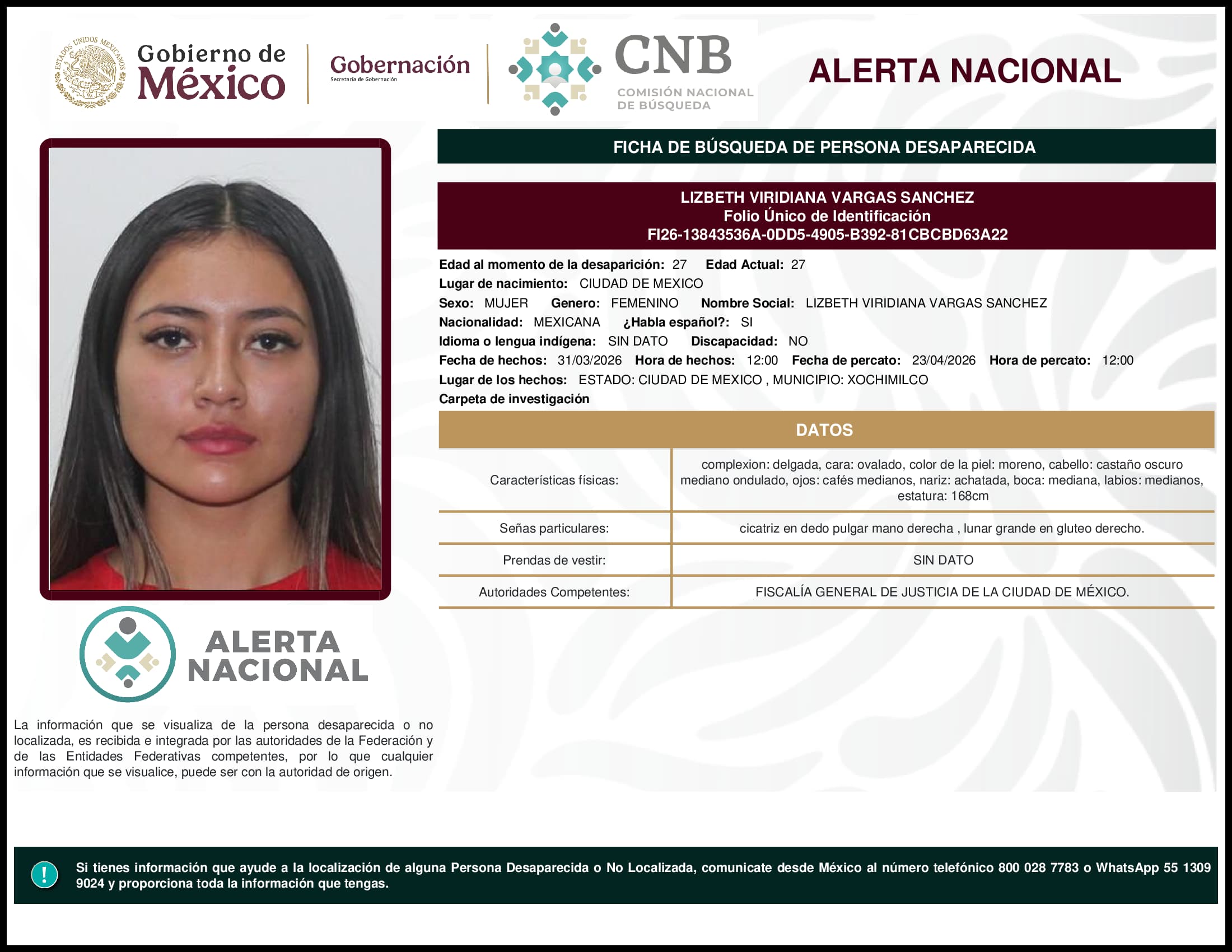 Persona desaparecida Lizbeth Viridiana Vargas Sanchez