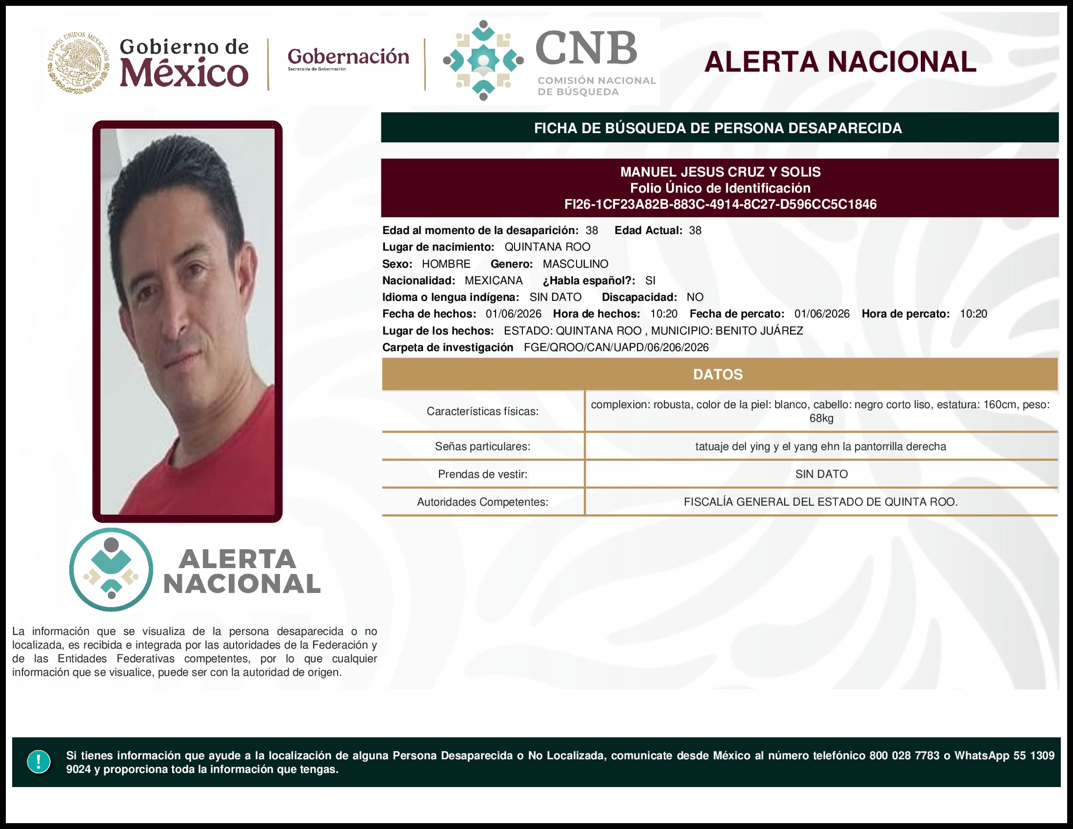 Persona desaparecida Manuel Jesus Cruz Y Solis