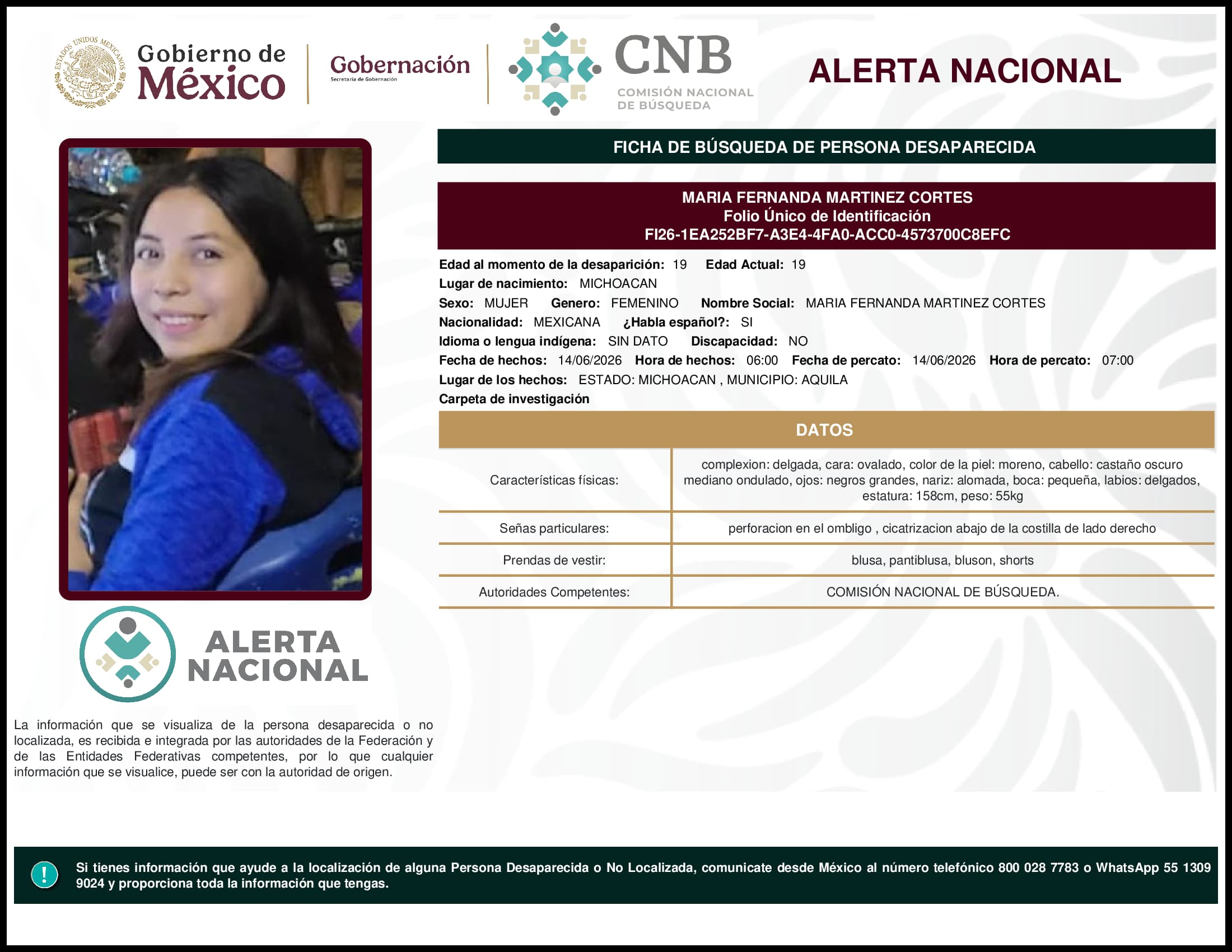 Persona desaparecida Maria Fernanda Martinez Cortes