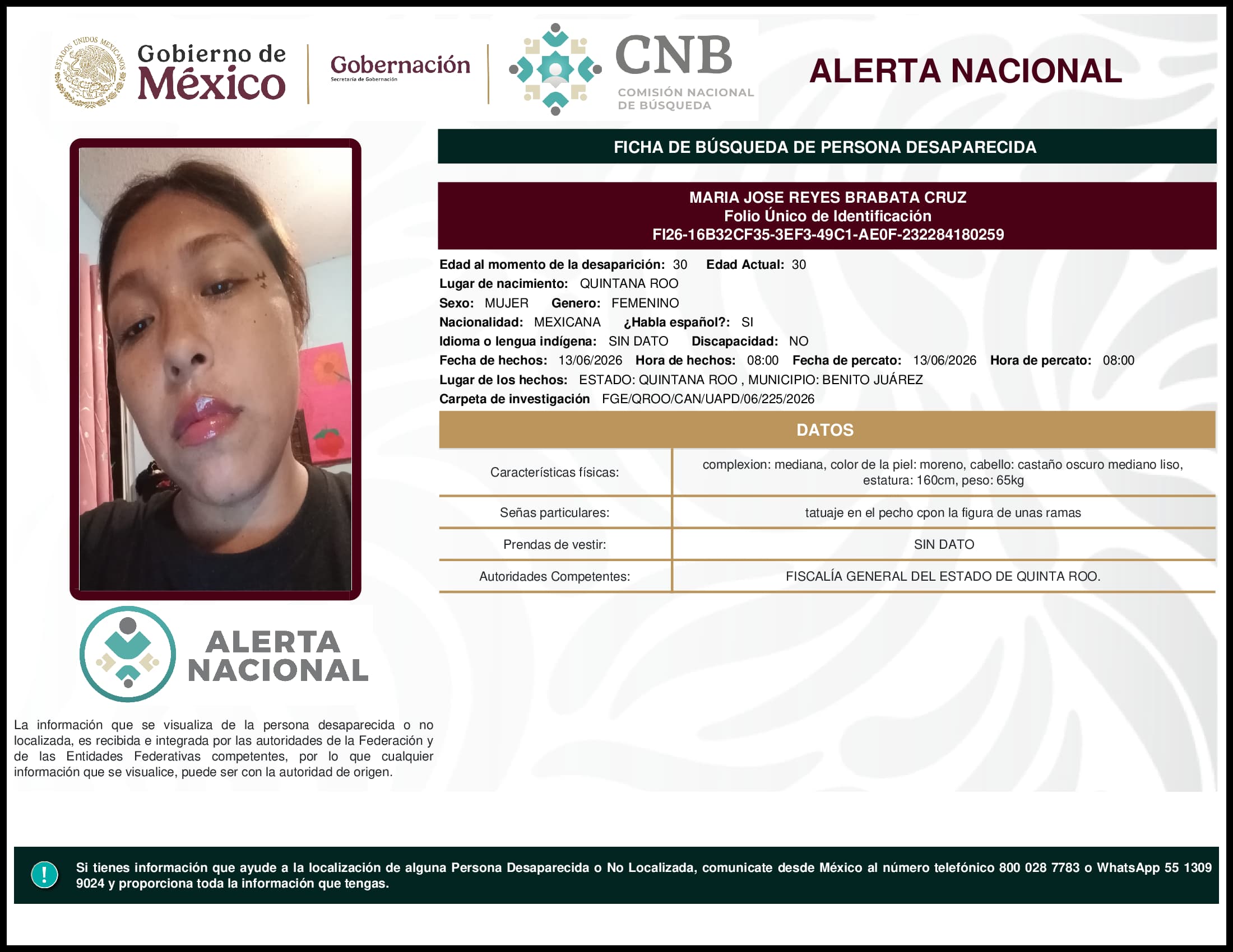 Persona desaparecida Maria Jose Reyes Brabata Cruz