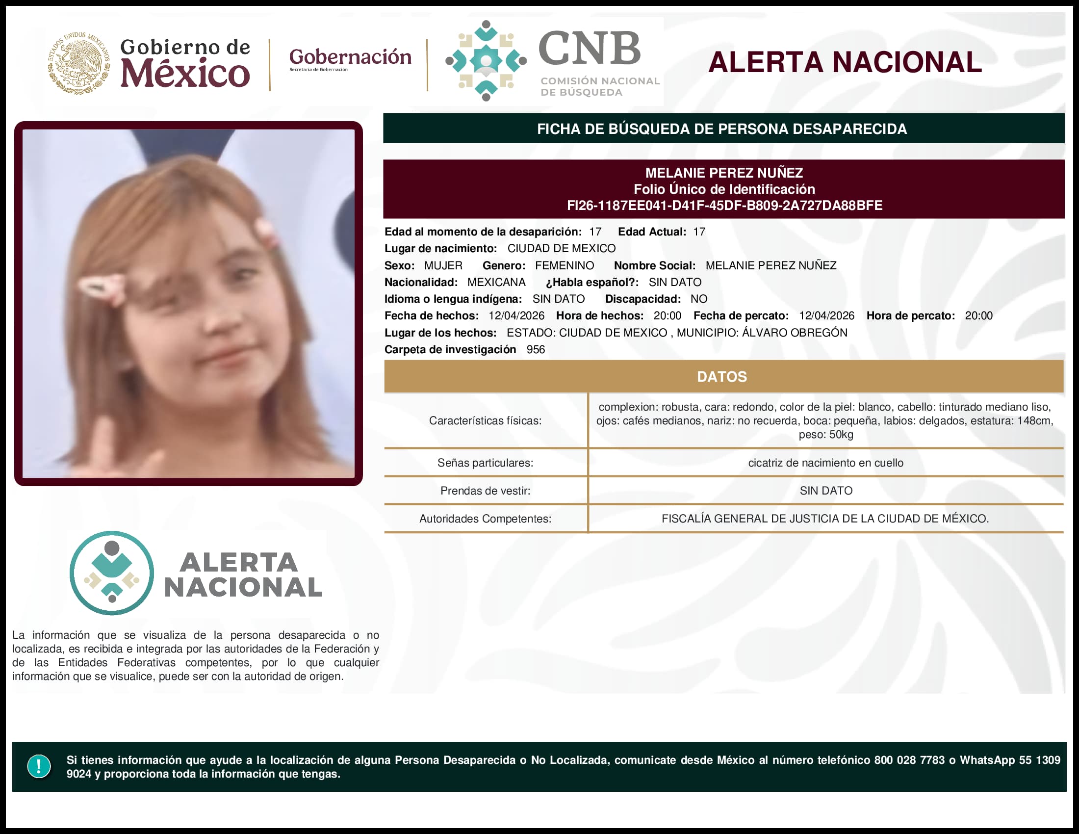 Persona desaparecida Melanie Perez Nunez