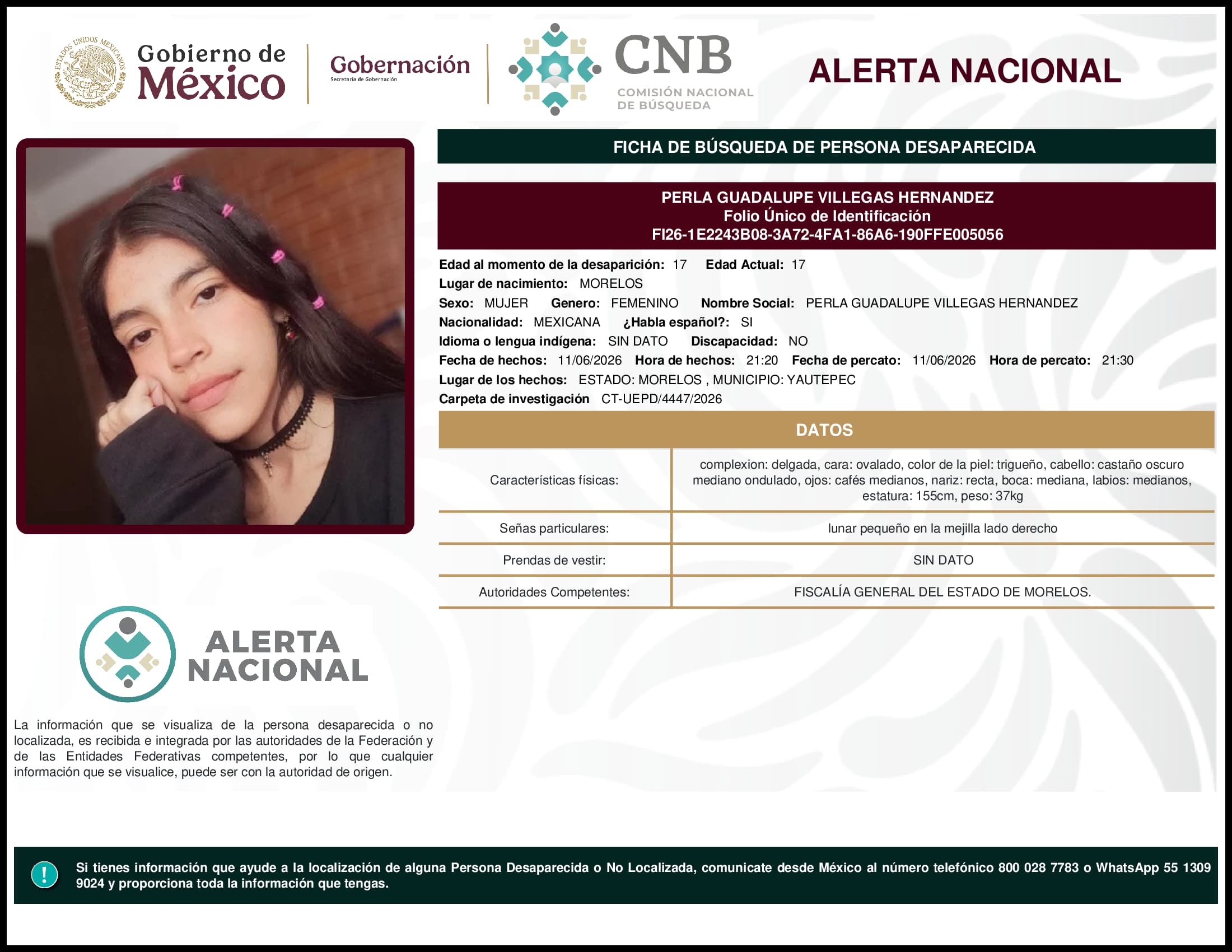 Persona desaparecida Perla Guadalupe Villegas Hernandez
