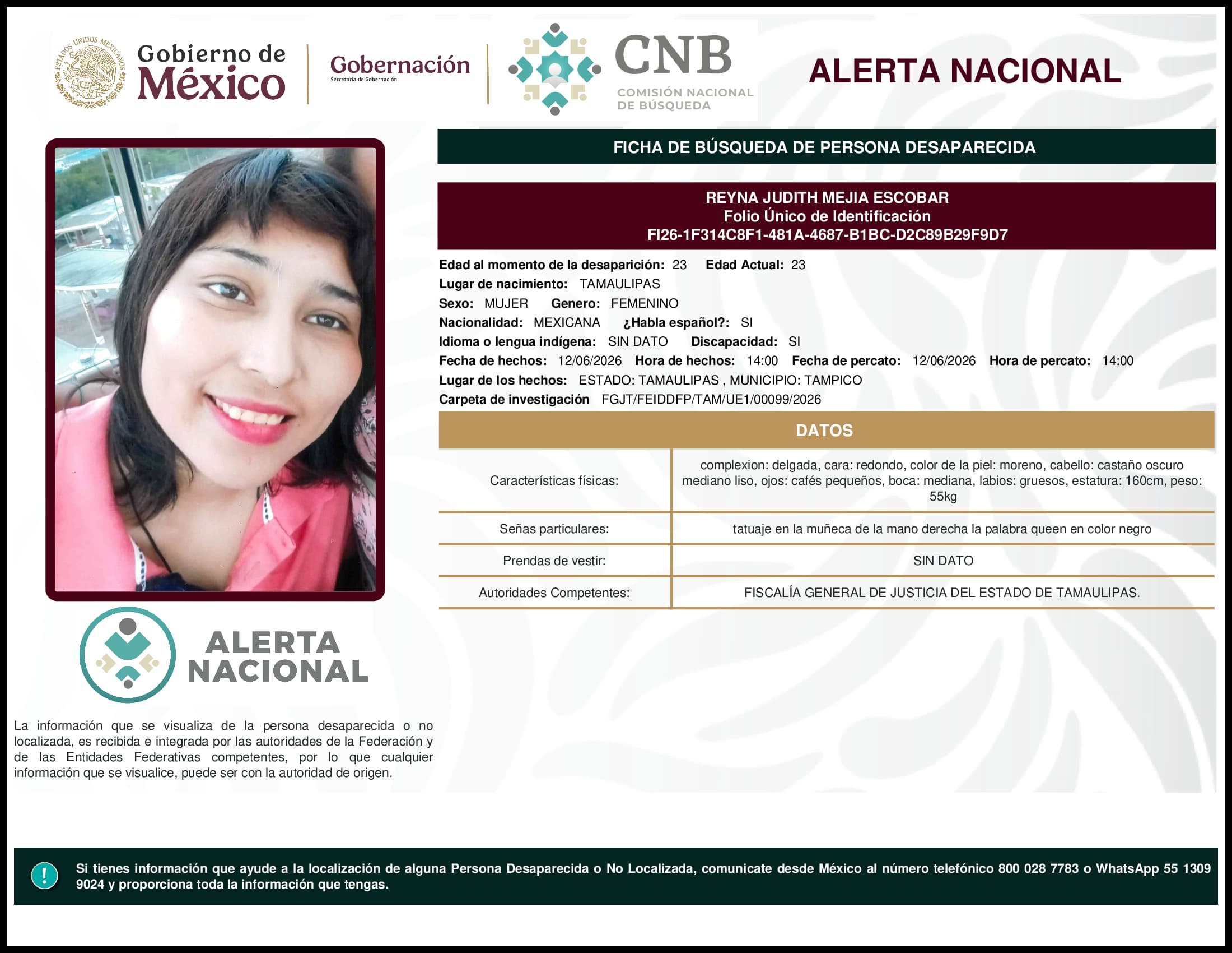 Persona desaparecida Reyna Judith Mejia Escobar