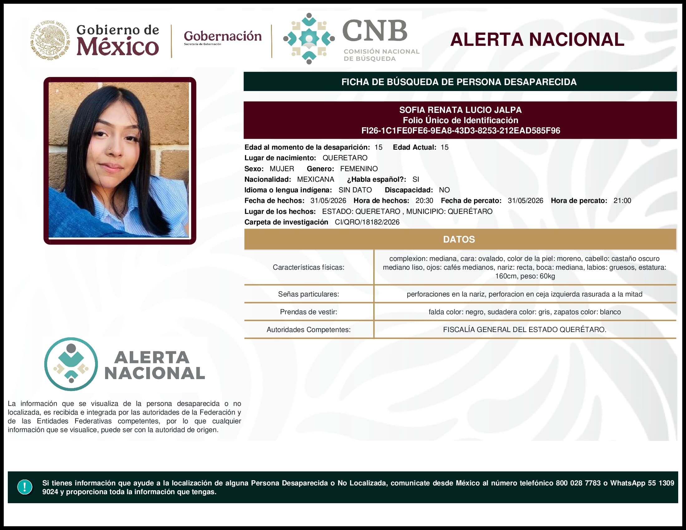 Persona desaparecida Sofia Renata Lucio Jalpa