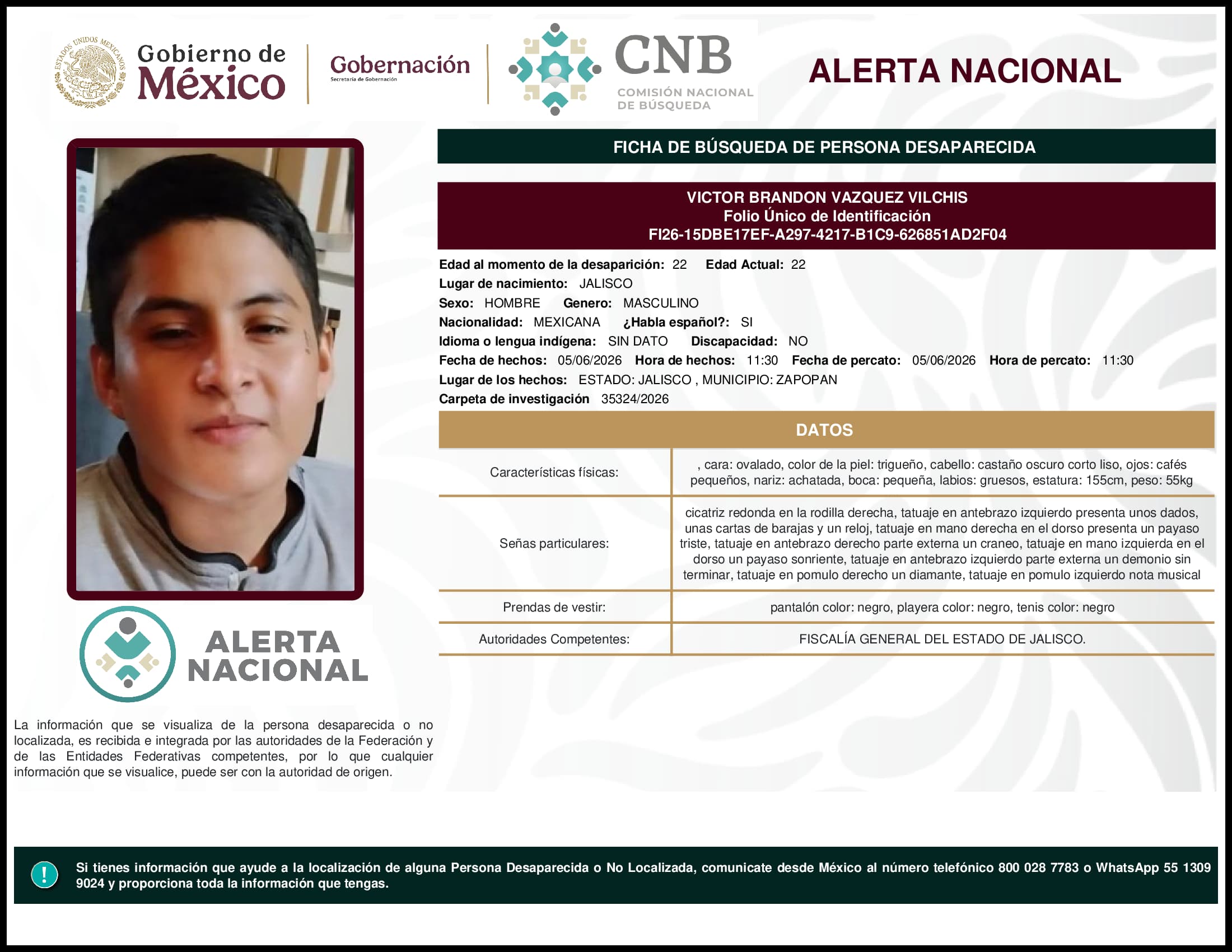 Persona desaparecida Victor Brandon Vazquez Vilchis