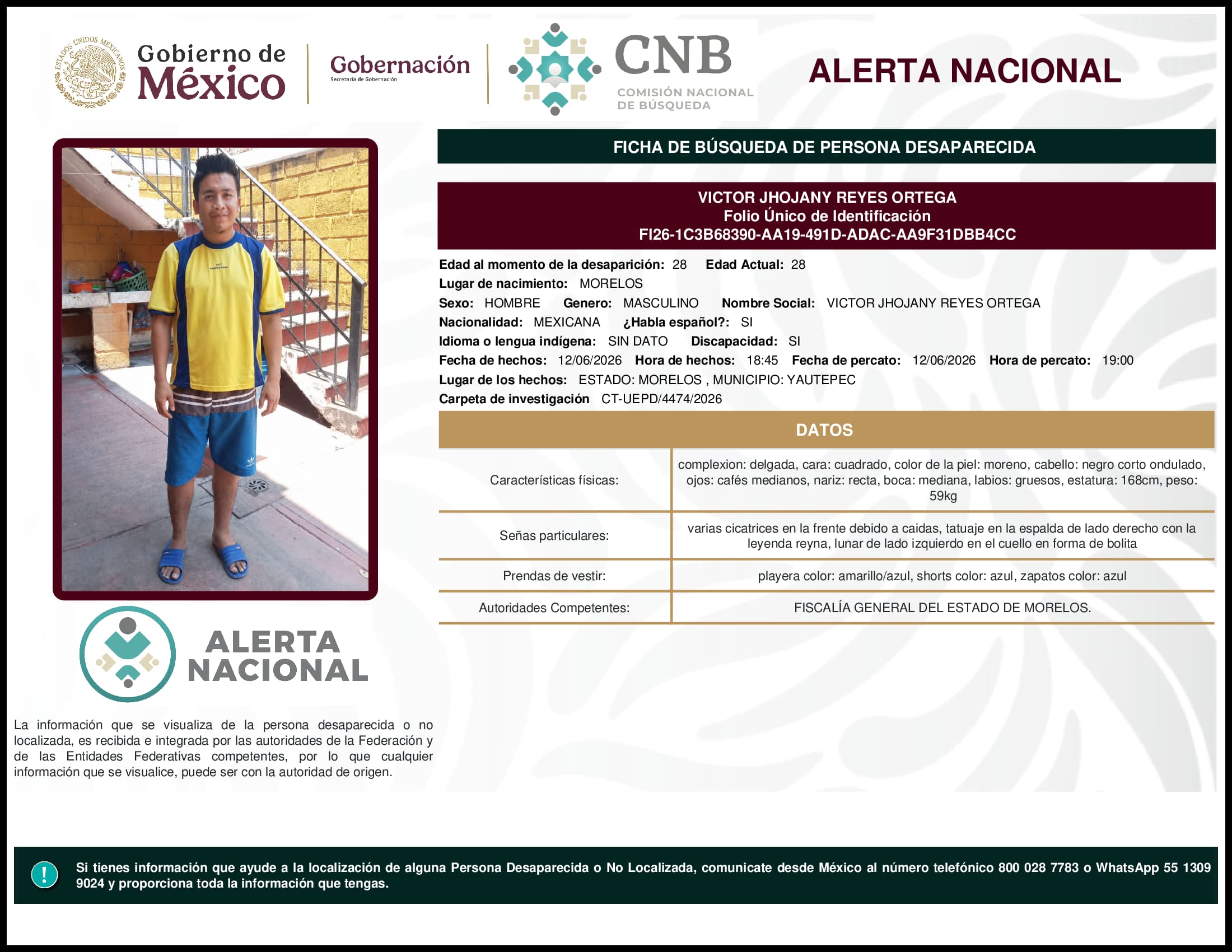 Persona desaparecida Victor Jhojany Reyes Ortega