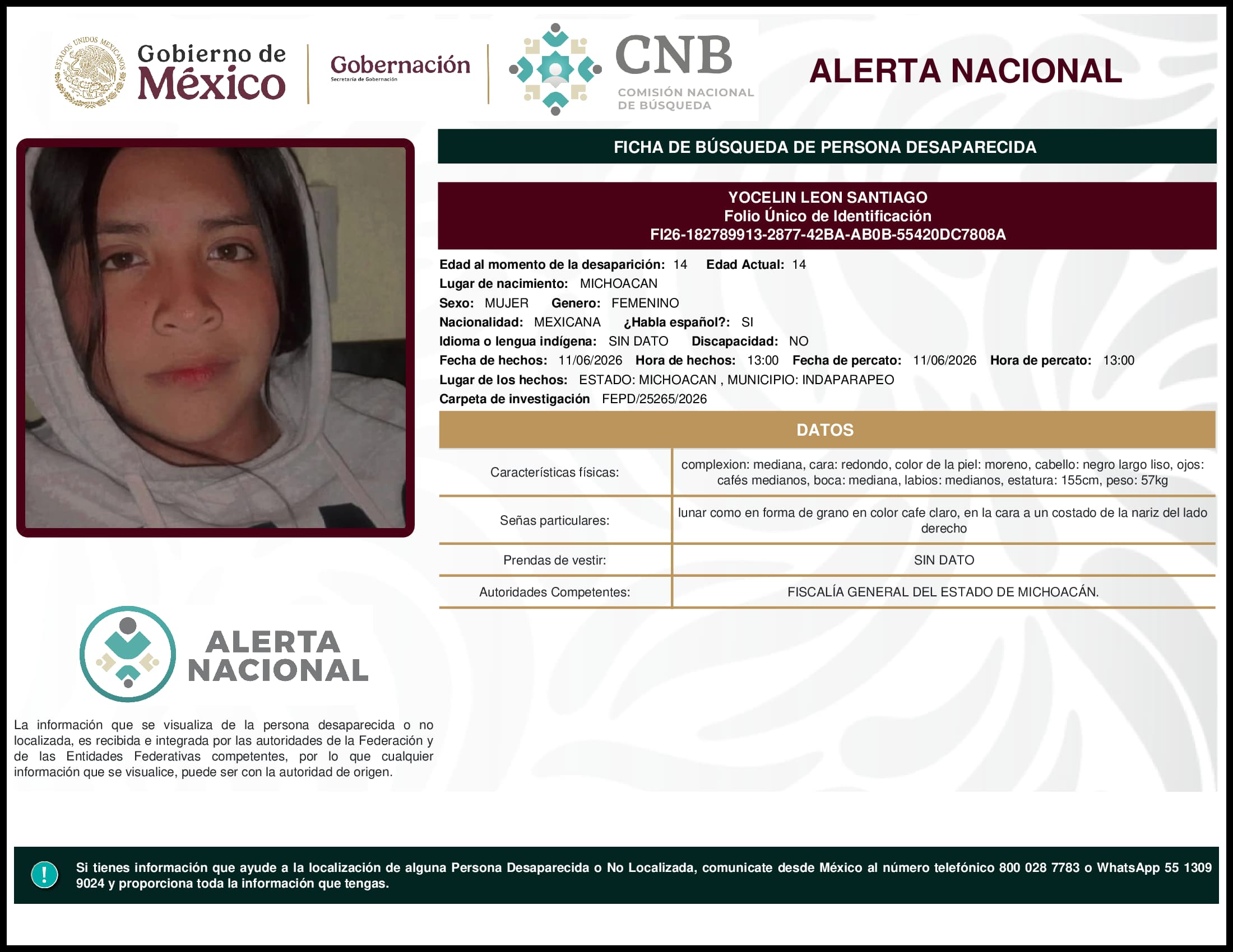 Persona desaparecida Yocelin Leon Santiago