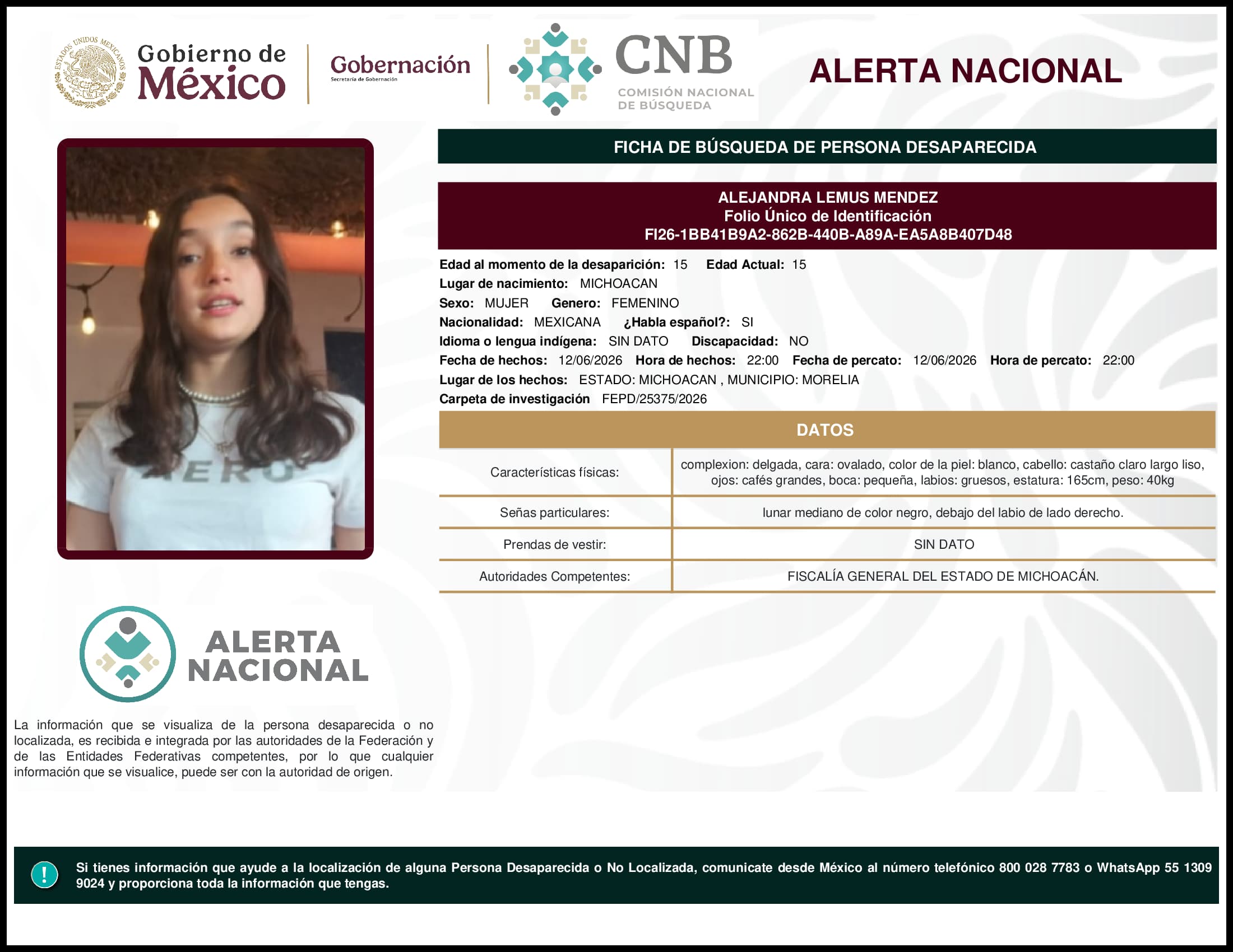 Persona desaparecida Alejandra Lemus Mendez