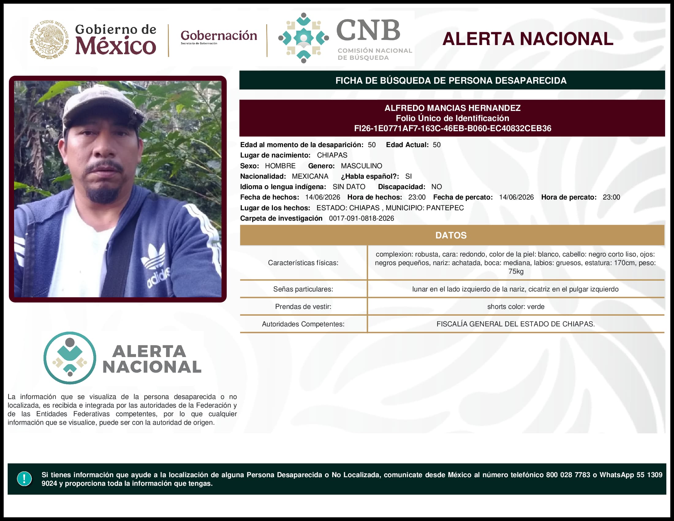 Persona desaparecida Alfredo Mancias Hernandez