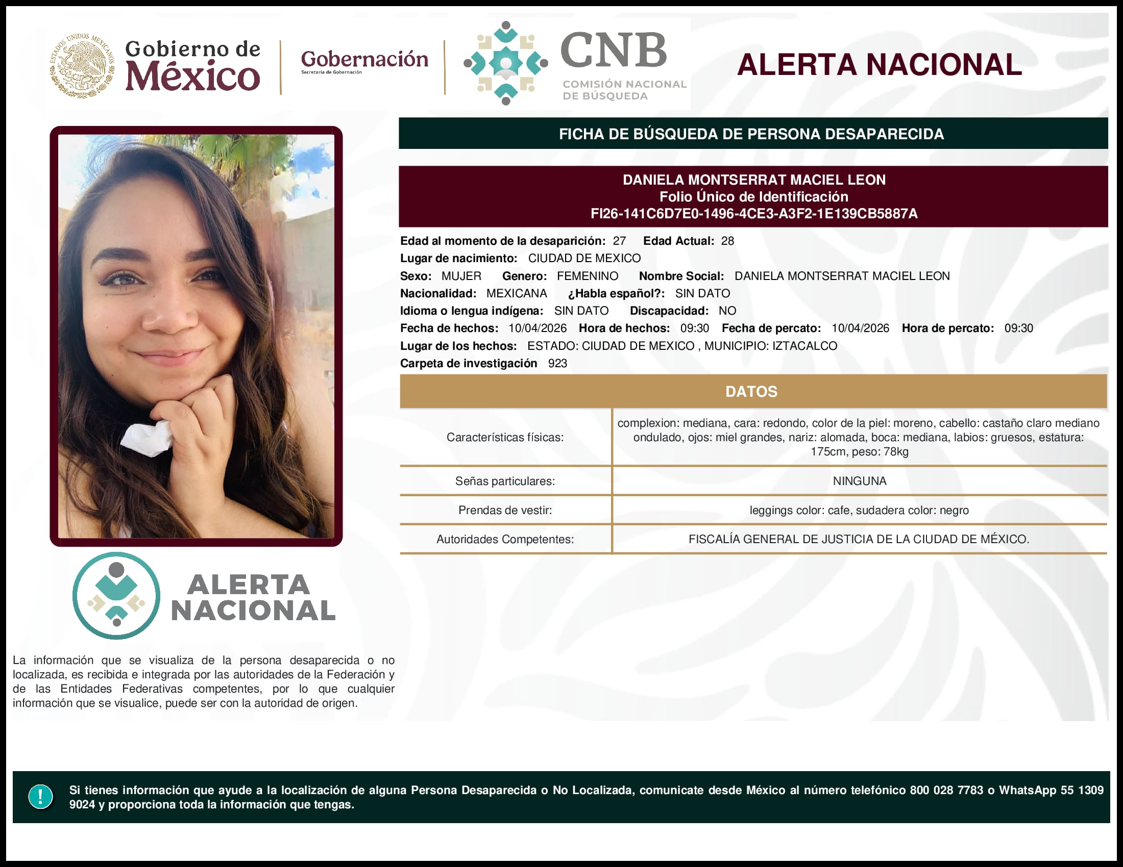 Persona desaparecida Daniela Montserrat Maciel Leon
