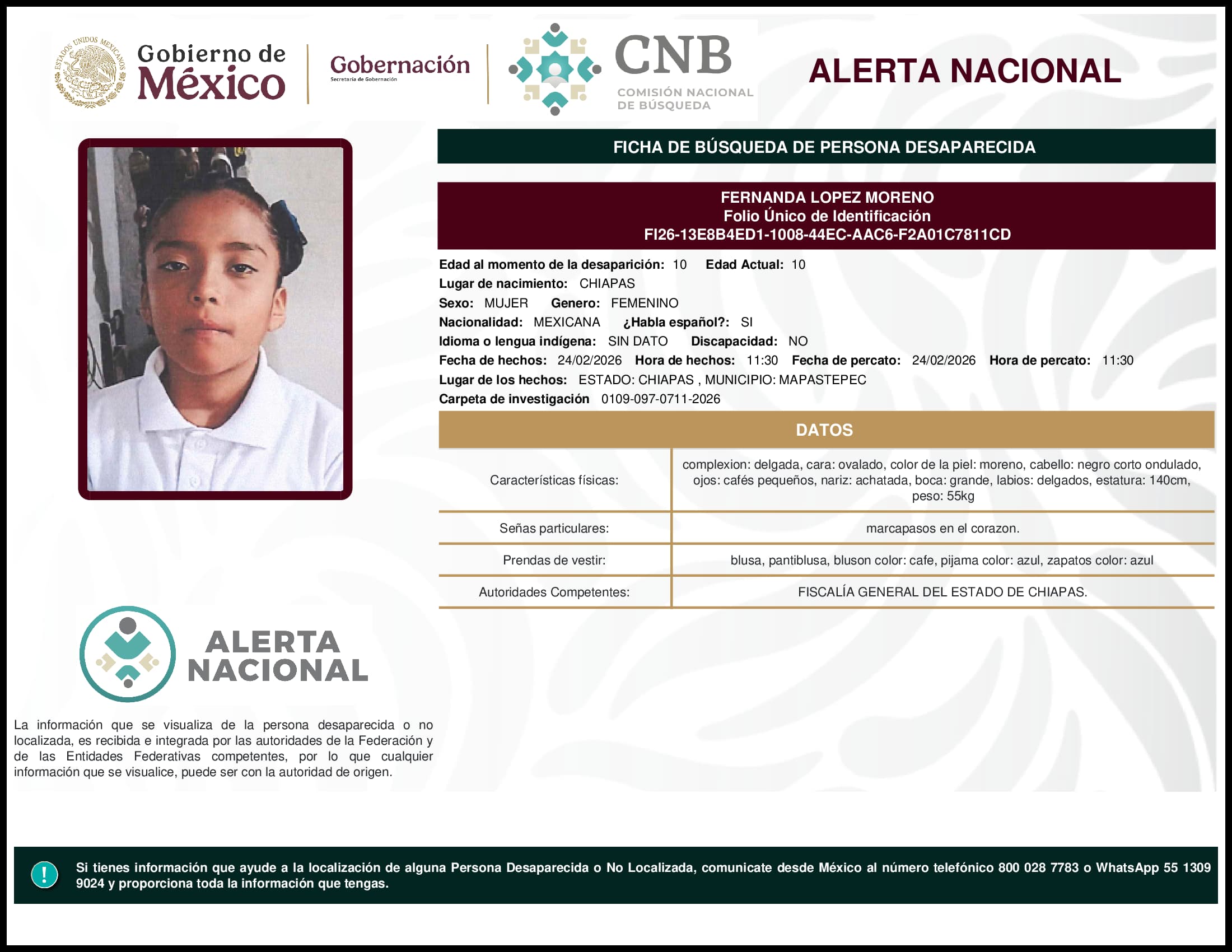 Persona desaparecida Fernanda Lopez Moreno