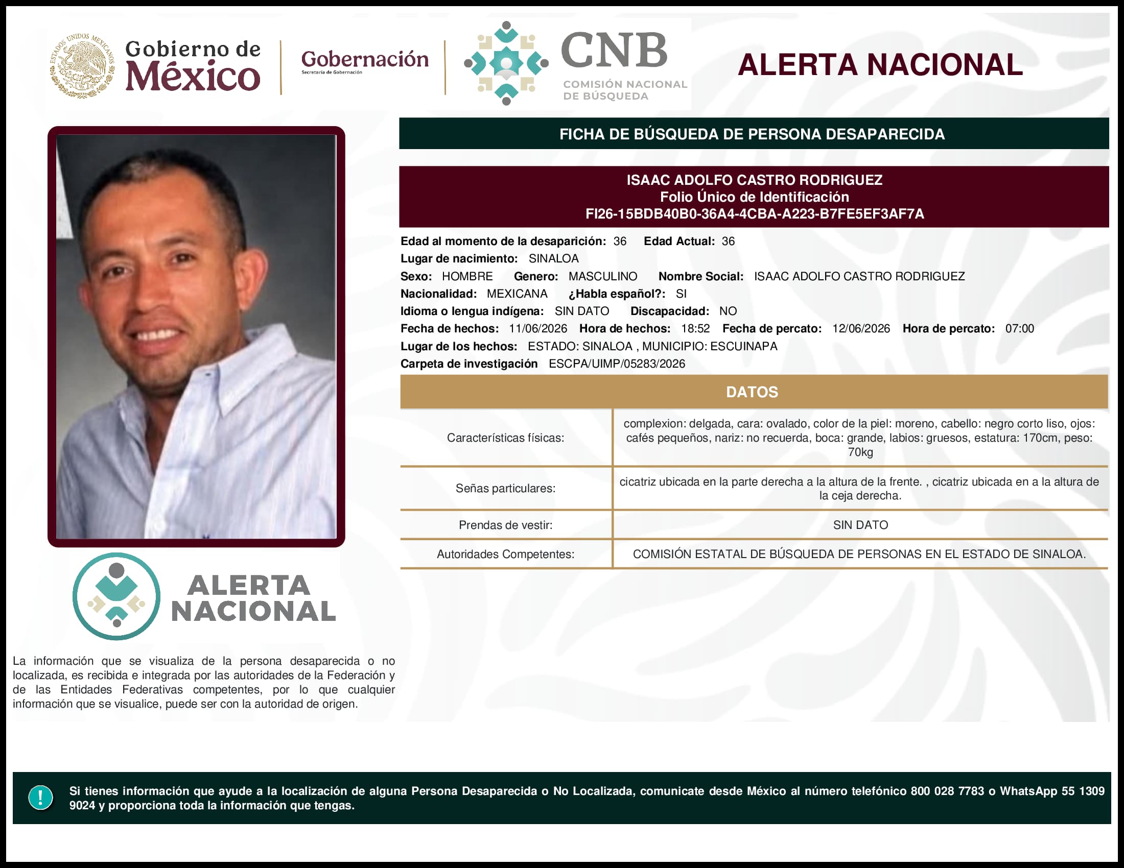 Persona desaparecida Isaac Adolfo Castro Rodriguez