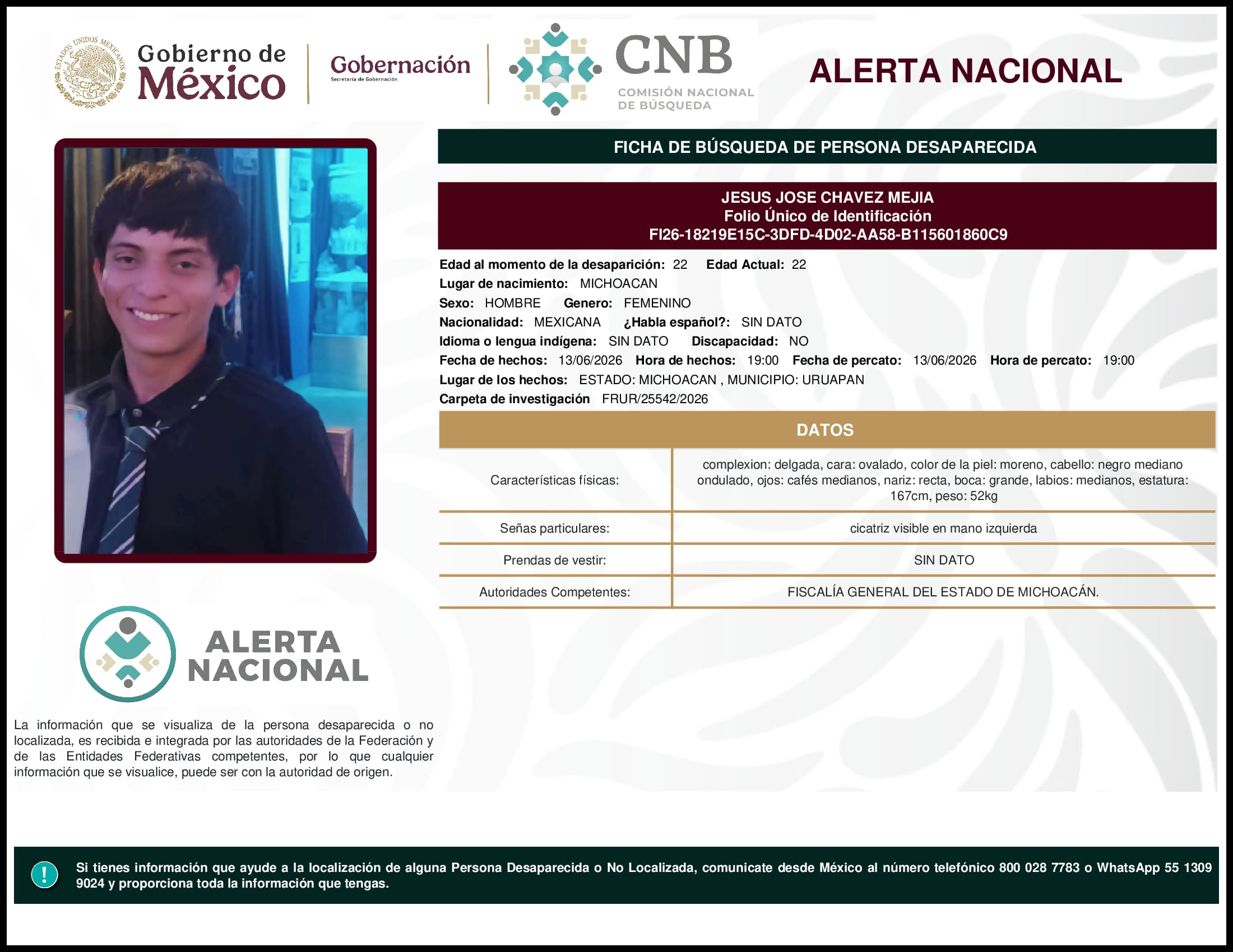 Persona desaparecida Jesus Jose Chavez Mejia