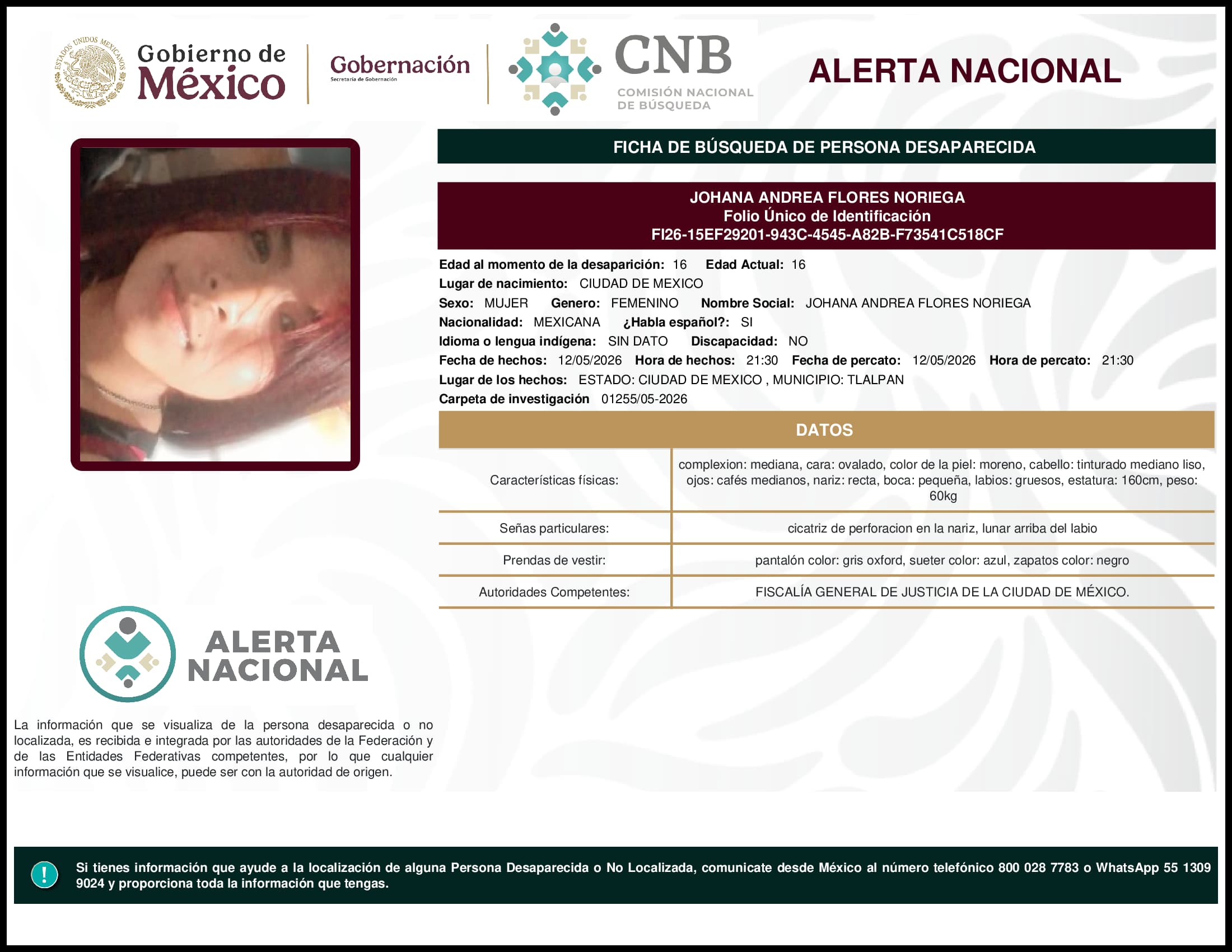 Persona desaparecida Johana Andrea Flores Noriega