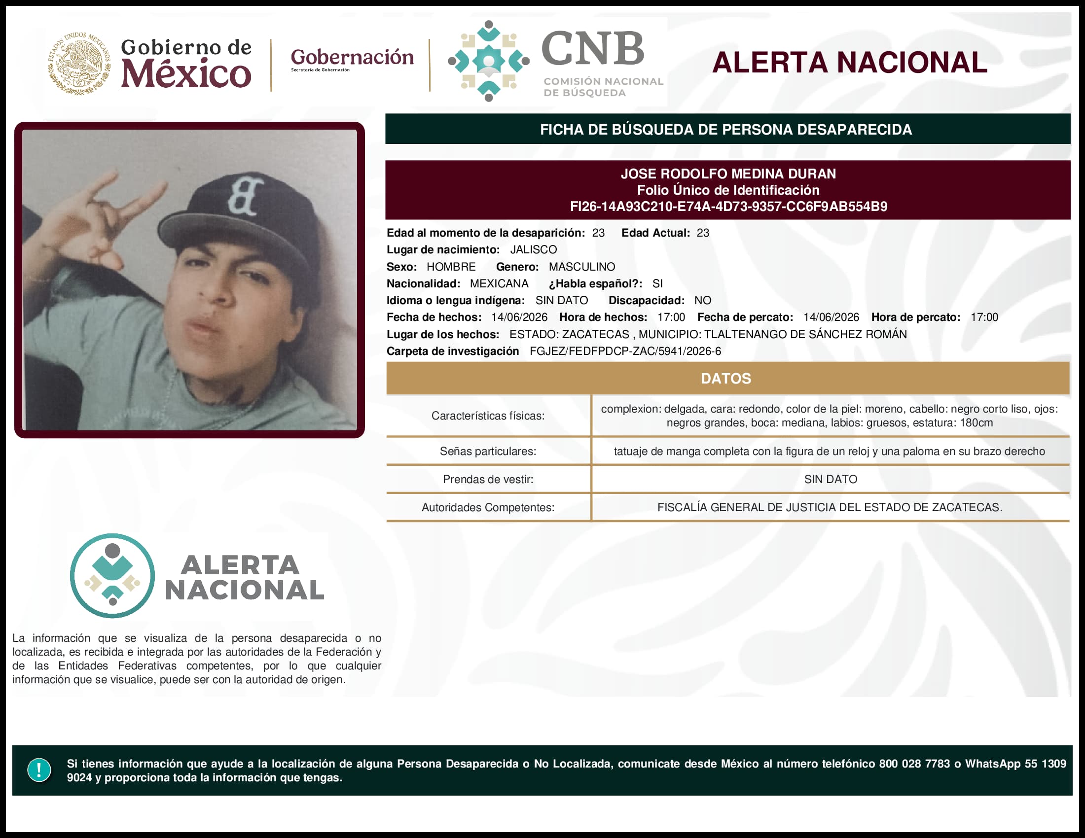 Persona desaparecida Jose Rodolfo Medina Duran