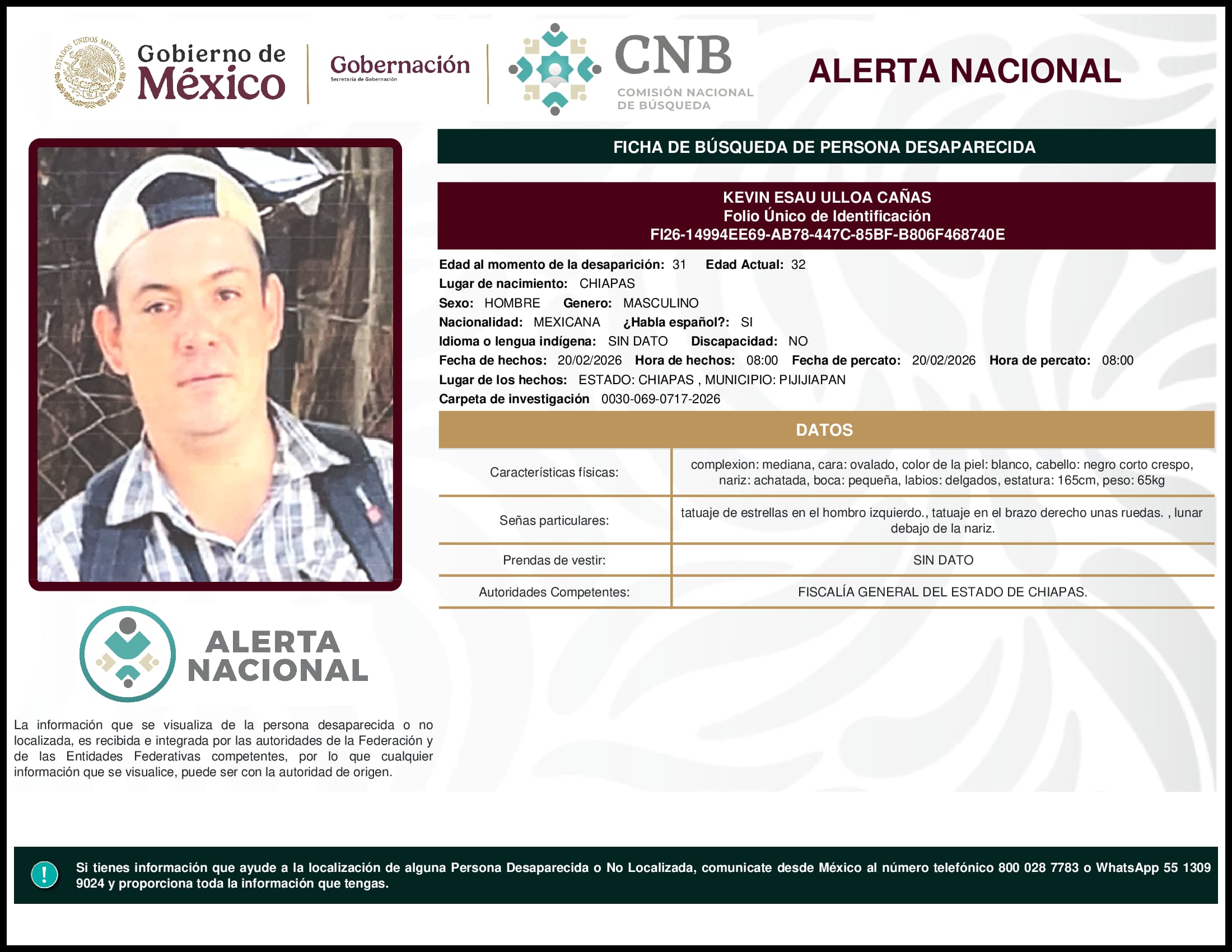 Persona desaparecida Kevin Esau Ulloa Canas