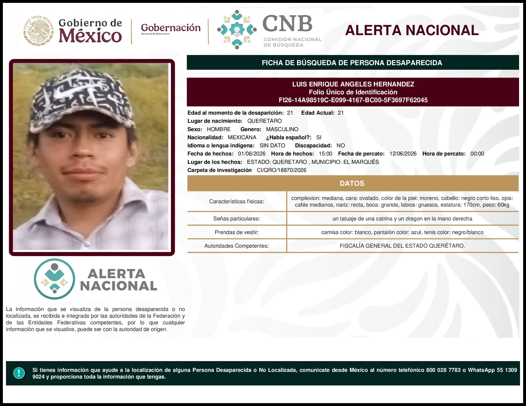 Persona desaparecida Luis Enrique Angeles Hernandez