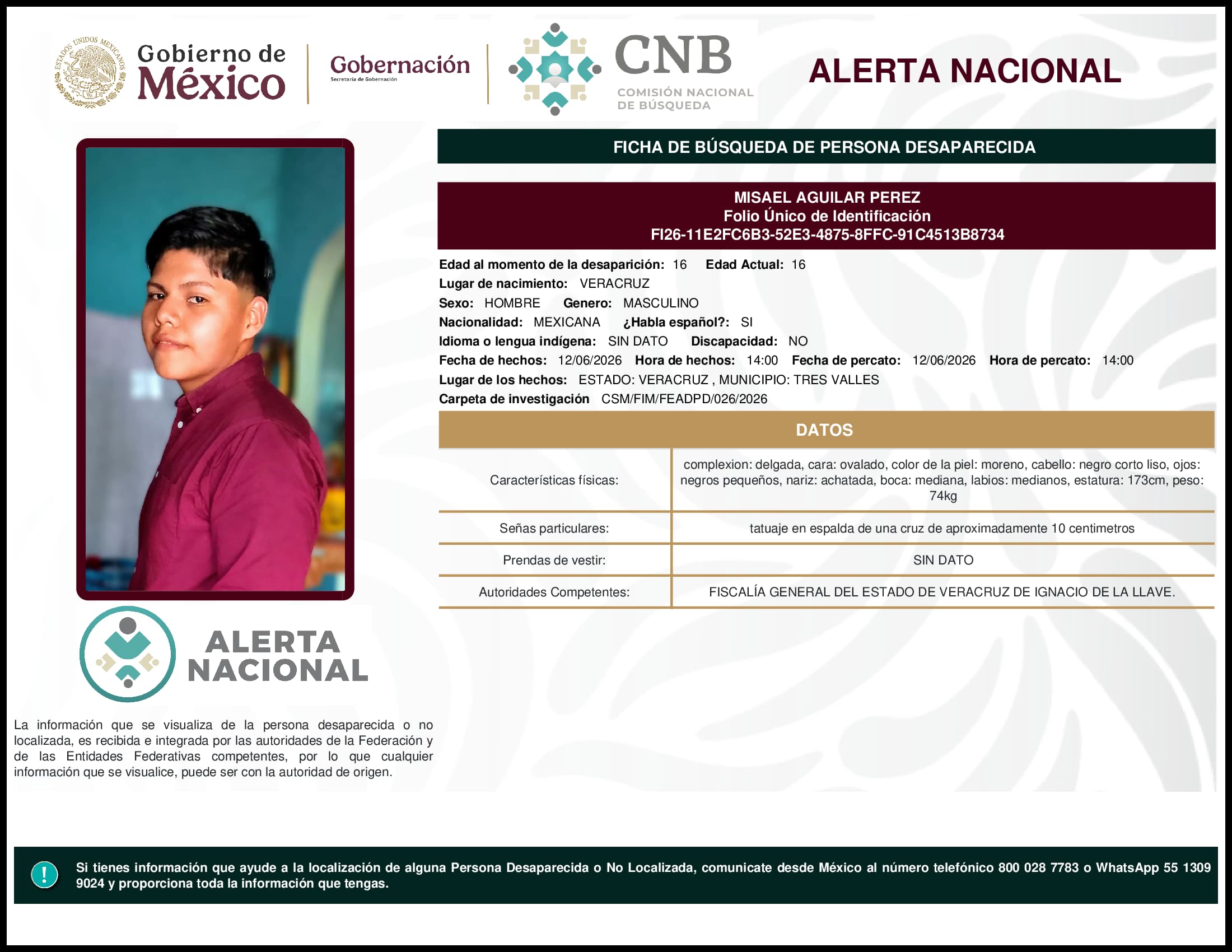Persona desaparecida Misael Aguilar Perez