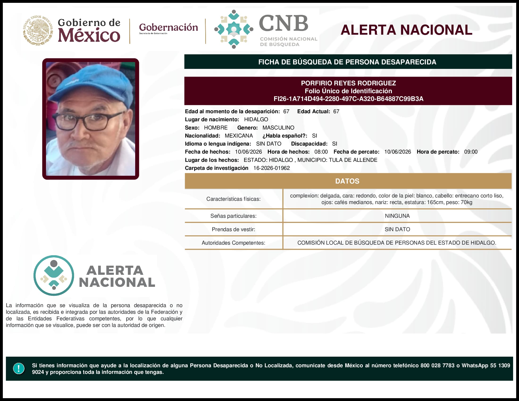 Persona desaparecida Porfirio Reyes Rodriguez