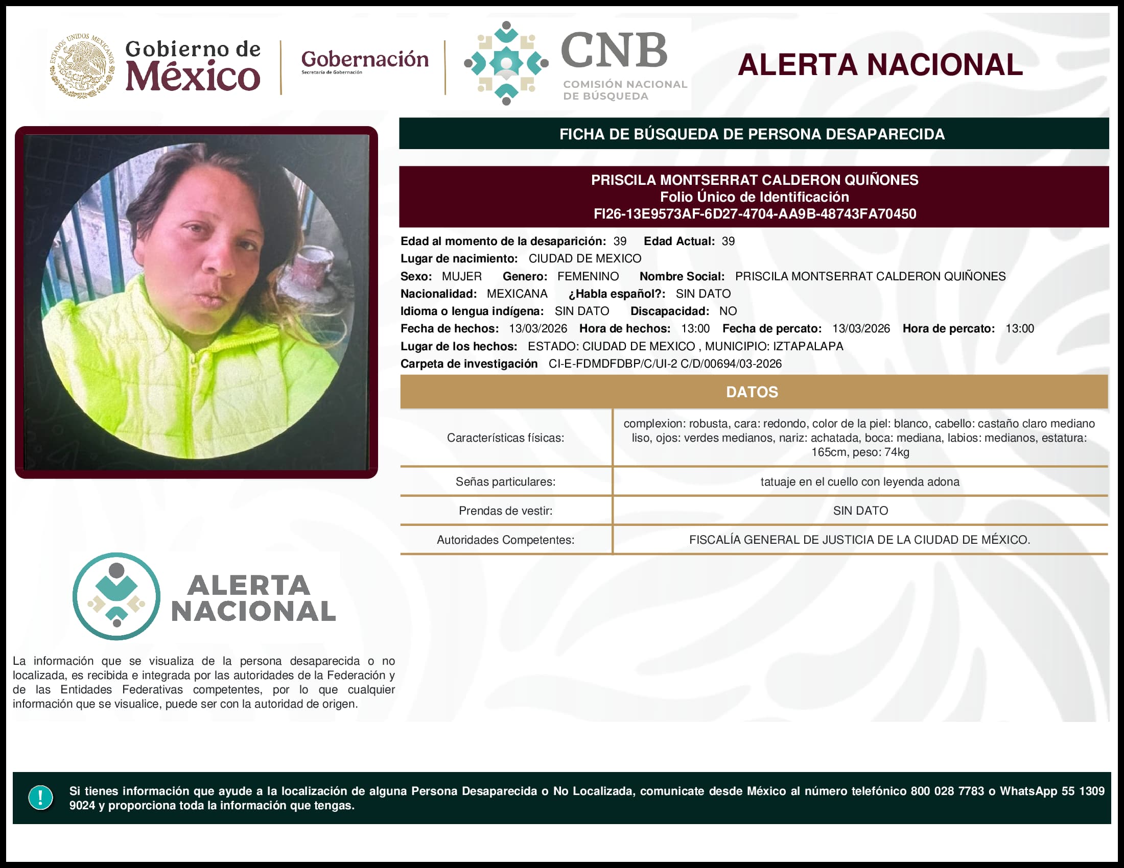 Persona desaparecida Priscila Montserrat Calderon Quinones