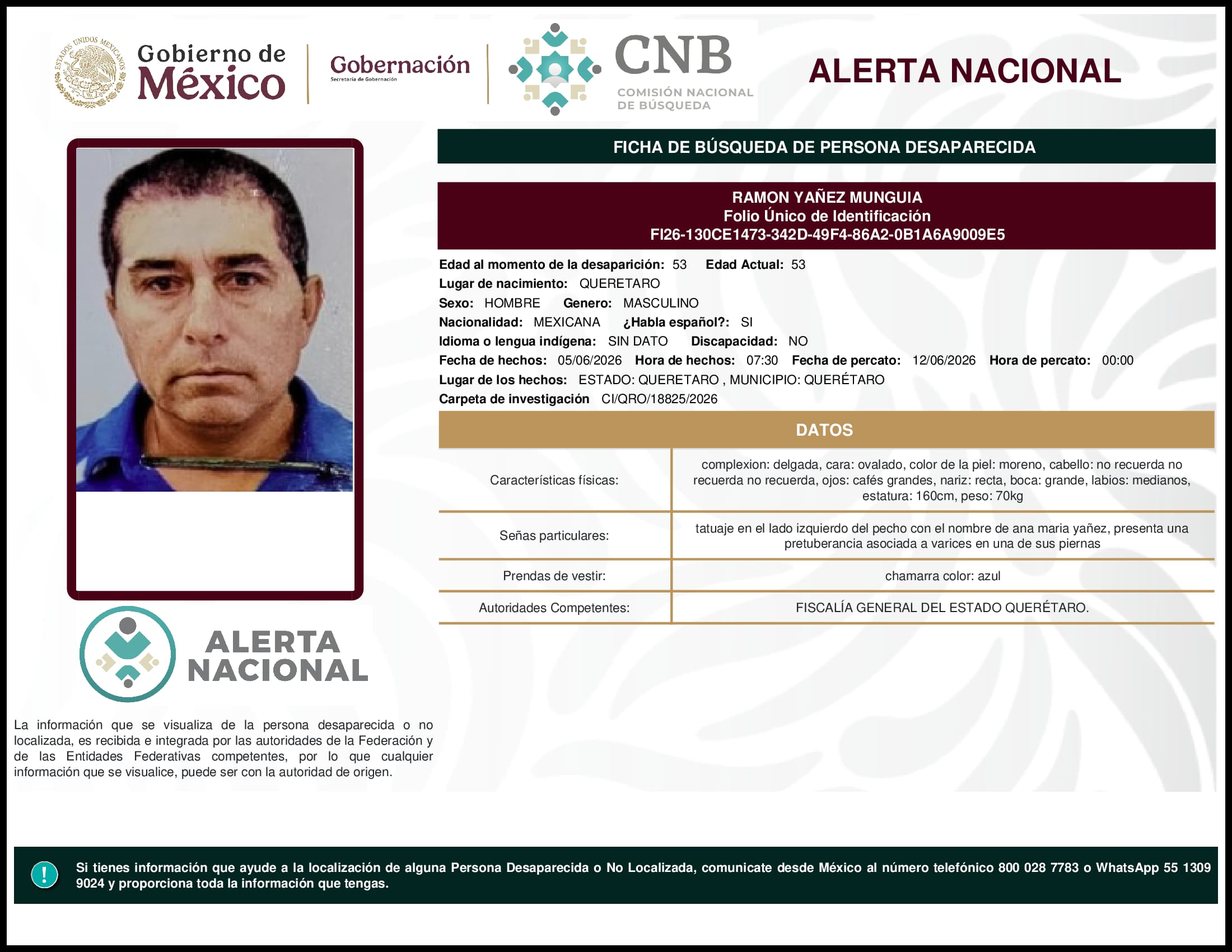 Persona desaparecida Ramon Yanez Munguia