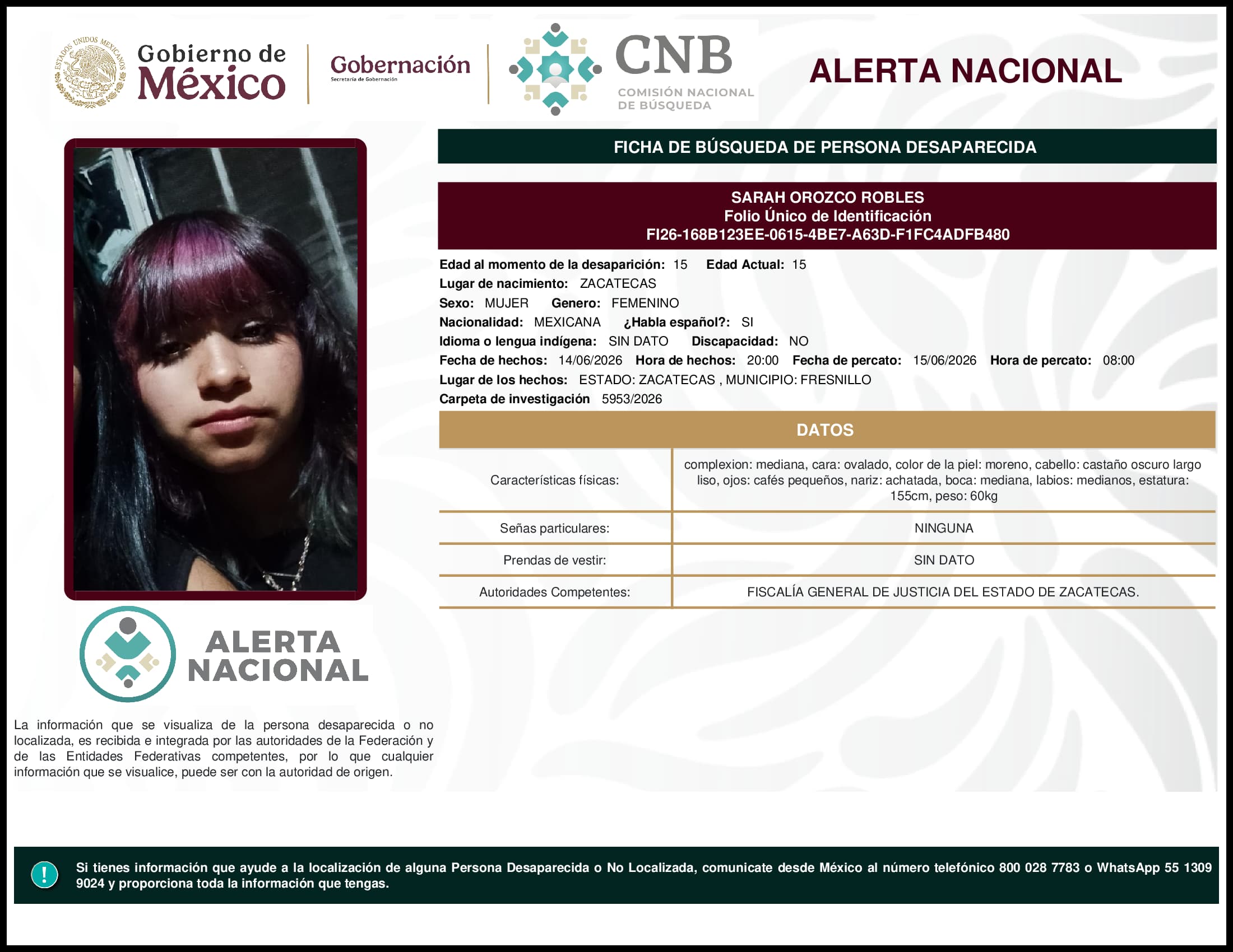 Persona desaparecida Sarah Orozco Robles