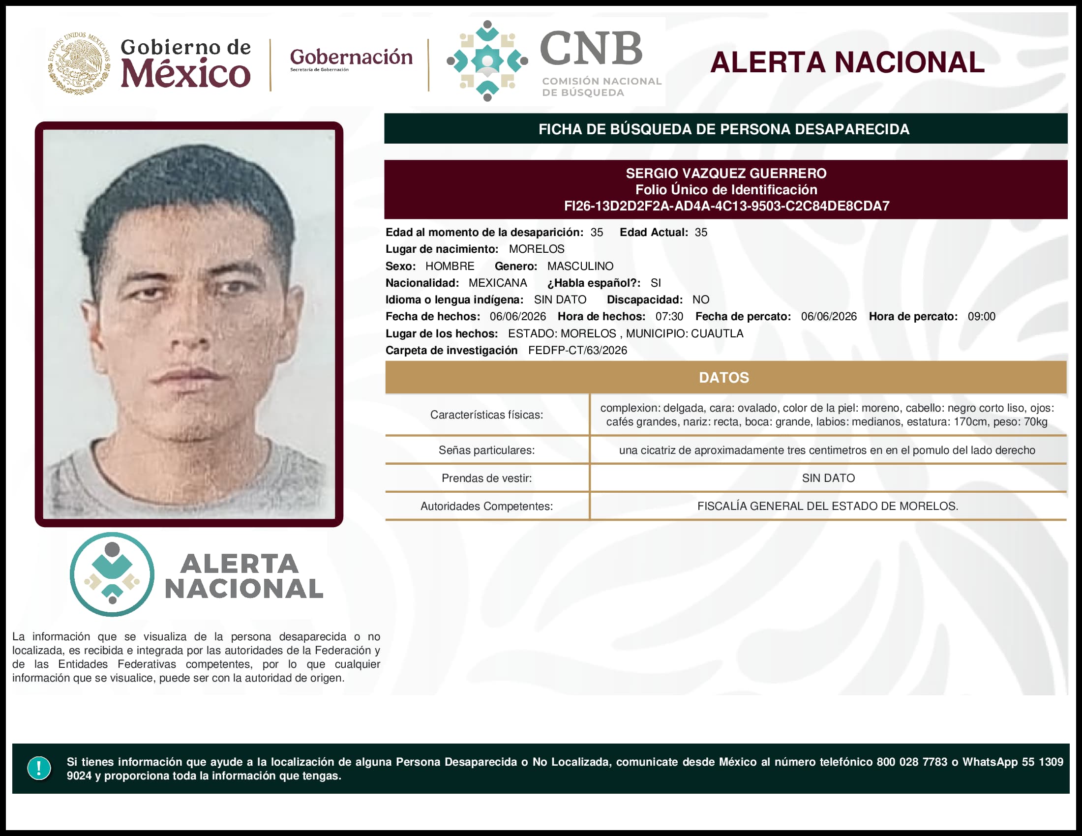 Persona desaparecida Sergio Vazquez Guerrero