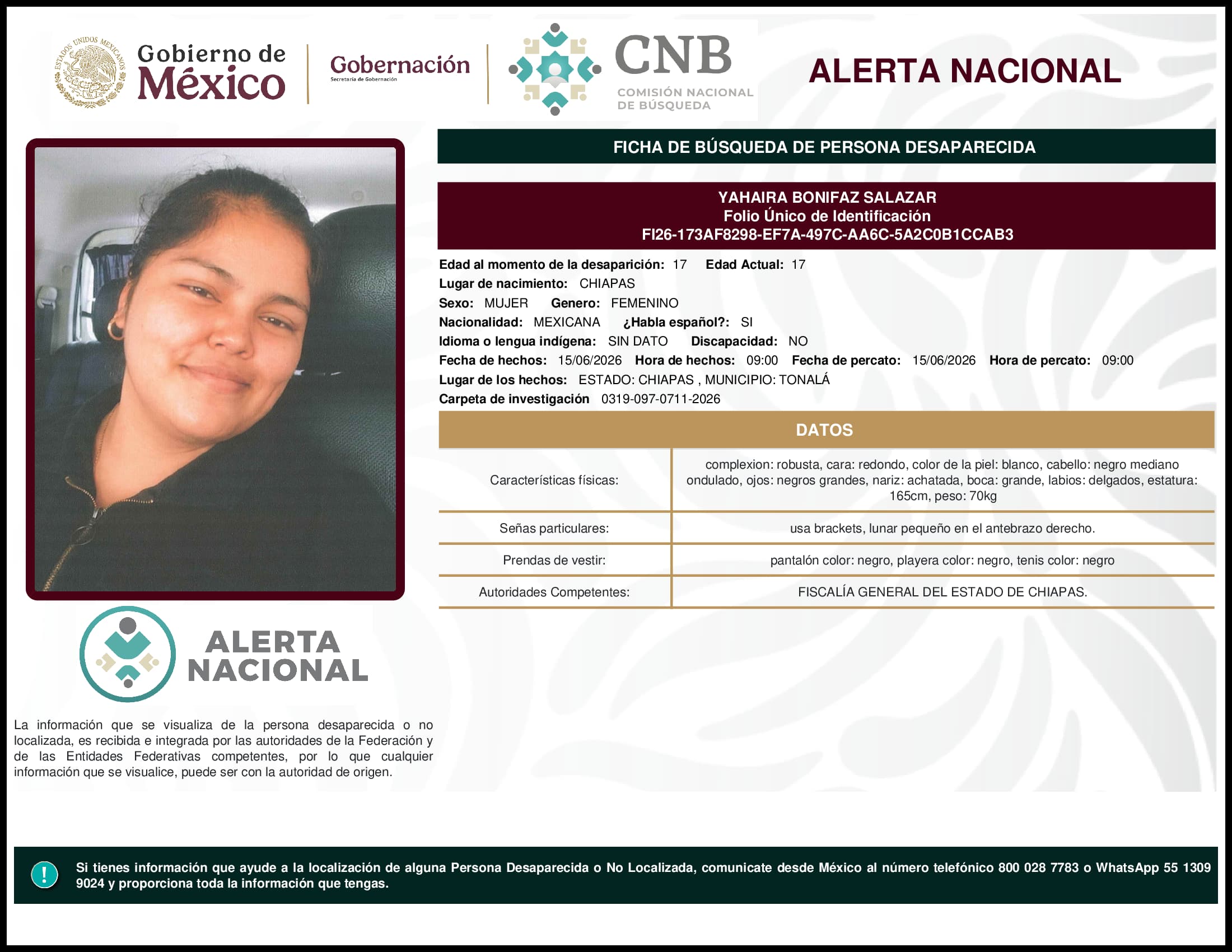 Persona desaparecida Yahaira Bonifaz Salazar