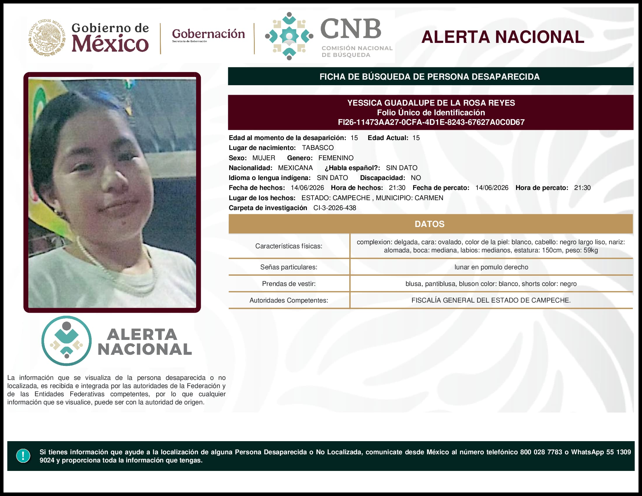 Persona desaparecida Yessica Guadalupe De La Rosa Reyes